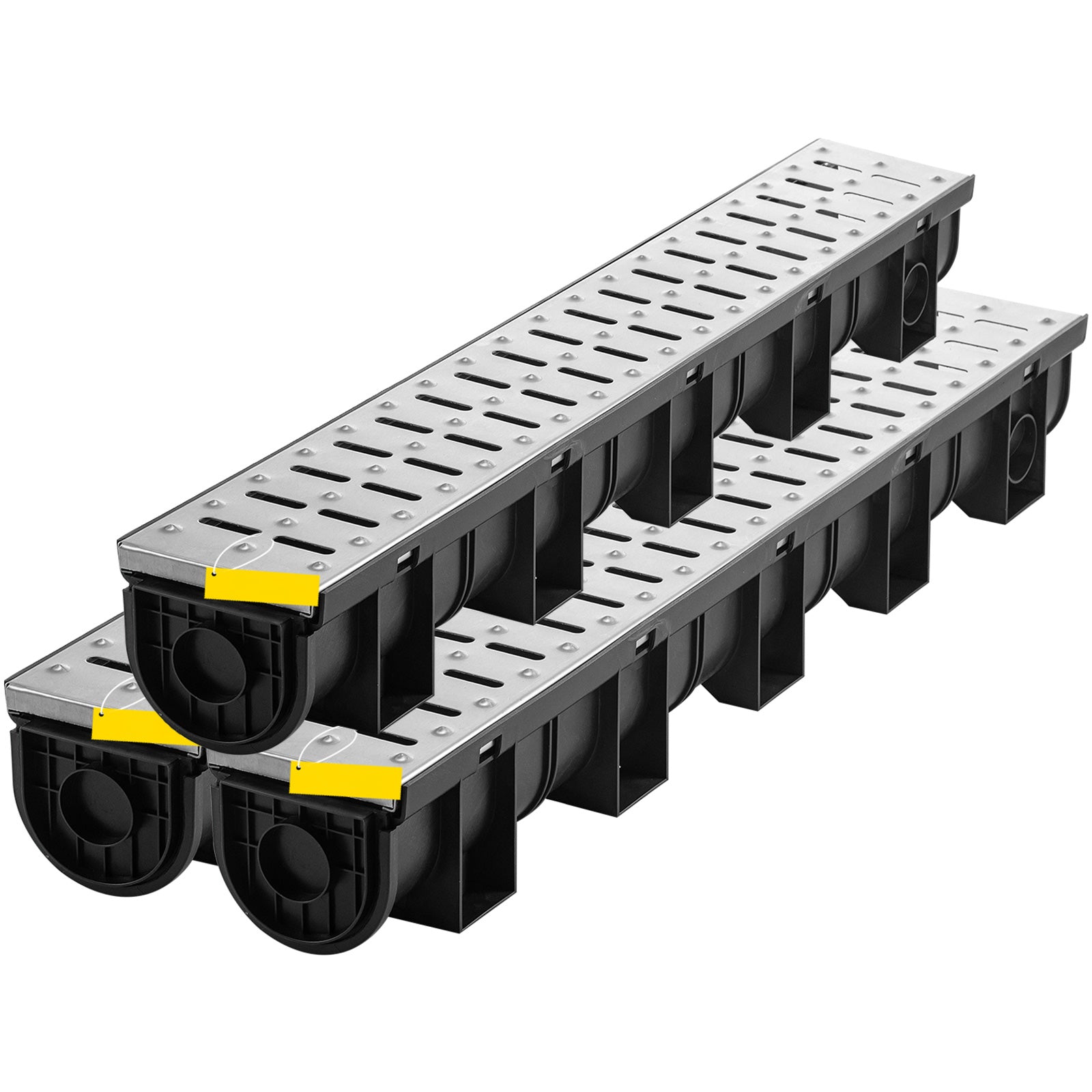 Trench Drain System, Channel Drain with Metal Grate, 5.9x5.1-Inch HDPE Drainage Trench, Black Plastic Garage Floor Drain, 3x39 Trench Drain Grate, with 3 End Caps, for Garden, Driveway-3 Pack