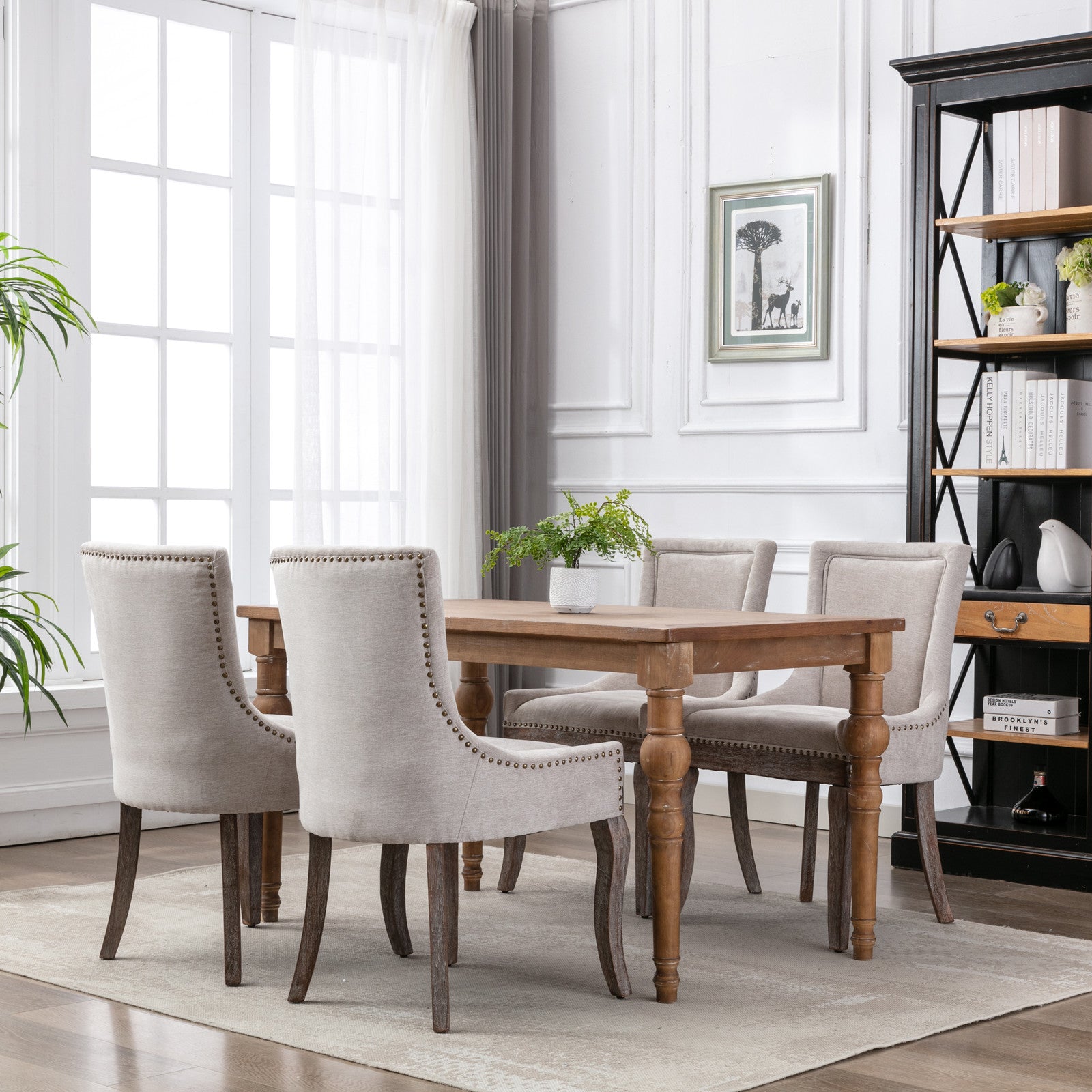 A&amp;A Furniture,Ultra Side Dining Chair，Thickened fabric chairs with neutrally toned solid wood legs， Bronze nail head，Set of 2，Beige