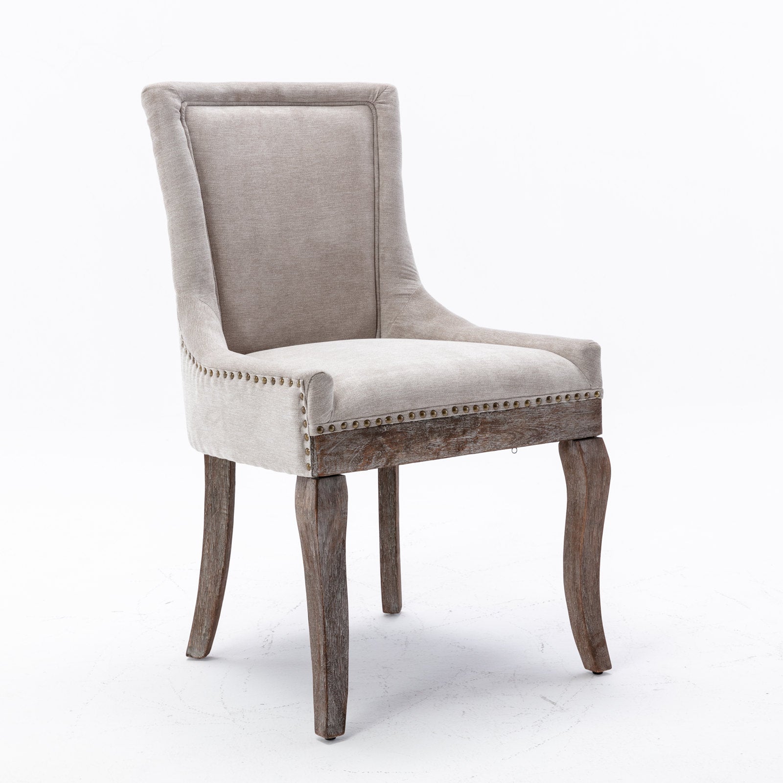 A&amp;A Furniture,Ultra Side Dining Chair，Thickened fabric chairs with neutrally toned solid wood legs， Bronze nail head，Set of 2，Beige