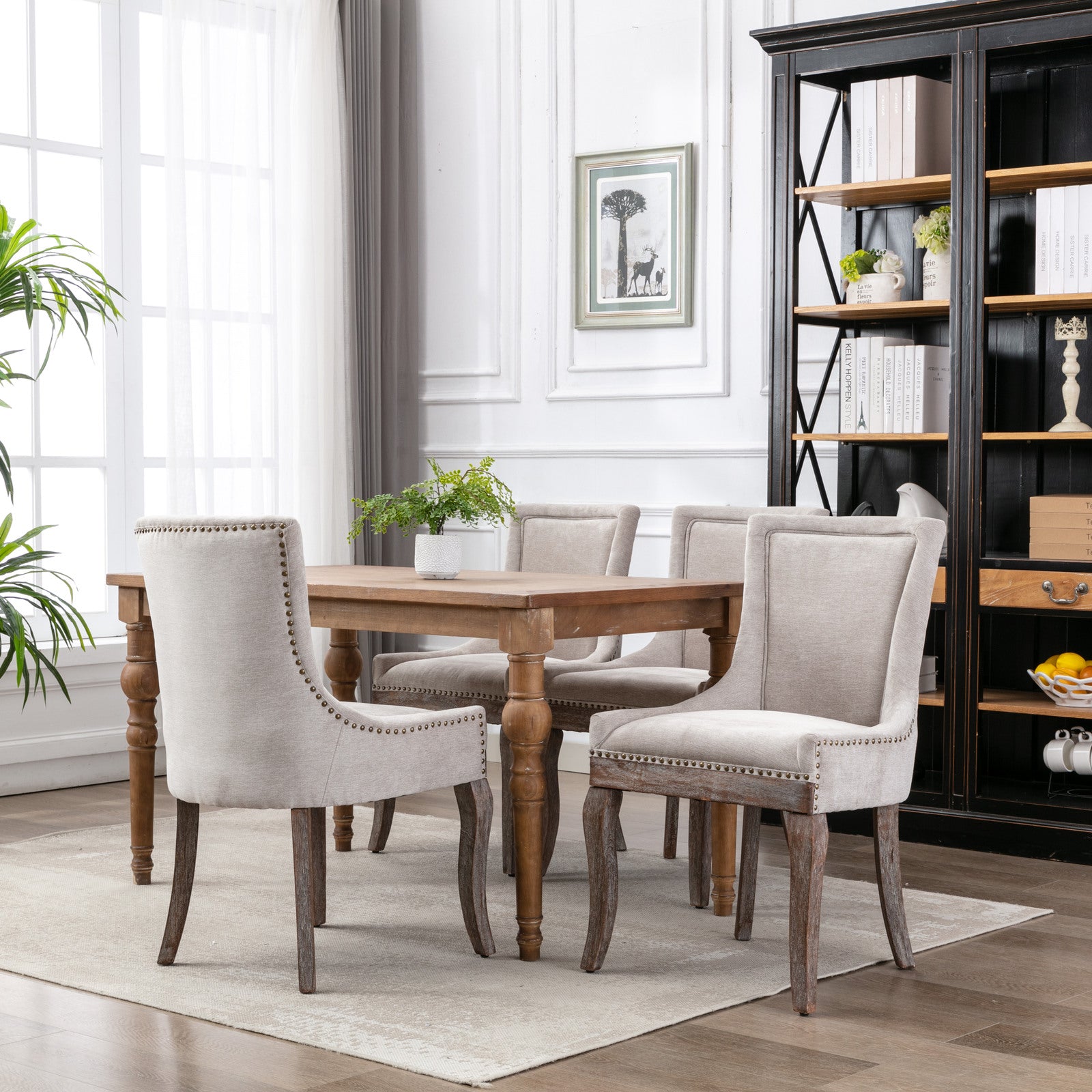 A&amp;A Furniture,Ultra Side Dining Chair，Thickened fabric chairs with neutrally toned solid wood legs， Bronze nail head，Set of 2，Beige