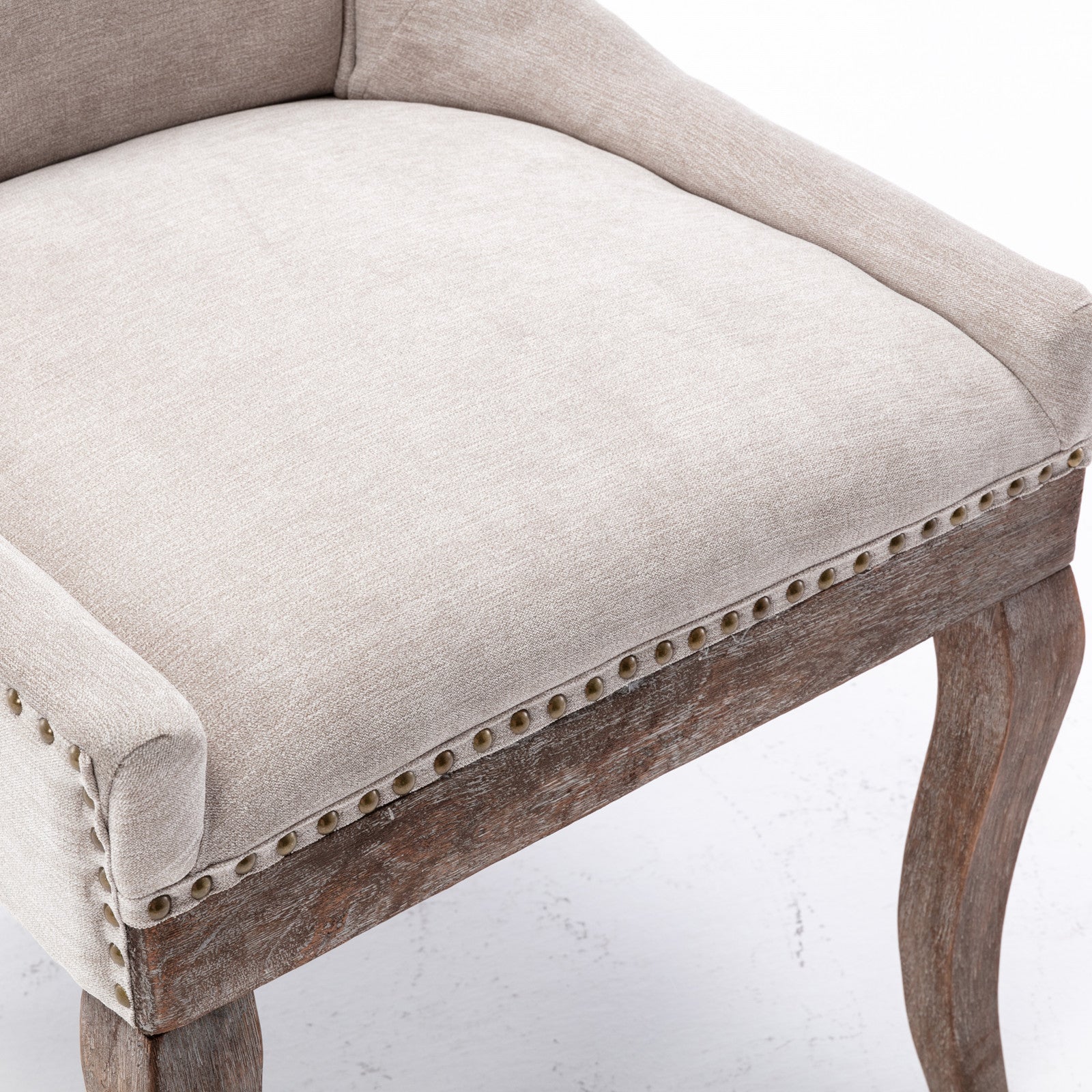 A&amp;A Furniture,Ultra Side Dining Chair，Thickened fabric chairs with neutrally toned solid wood legs， Bronze nail head，Set of 2，Beige