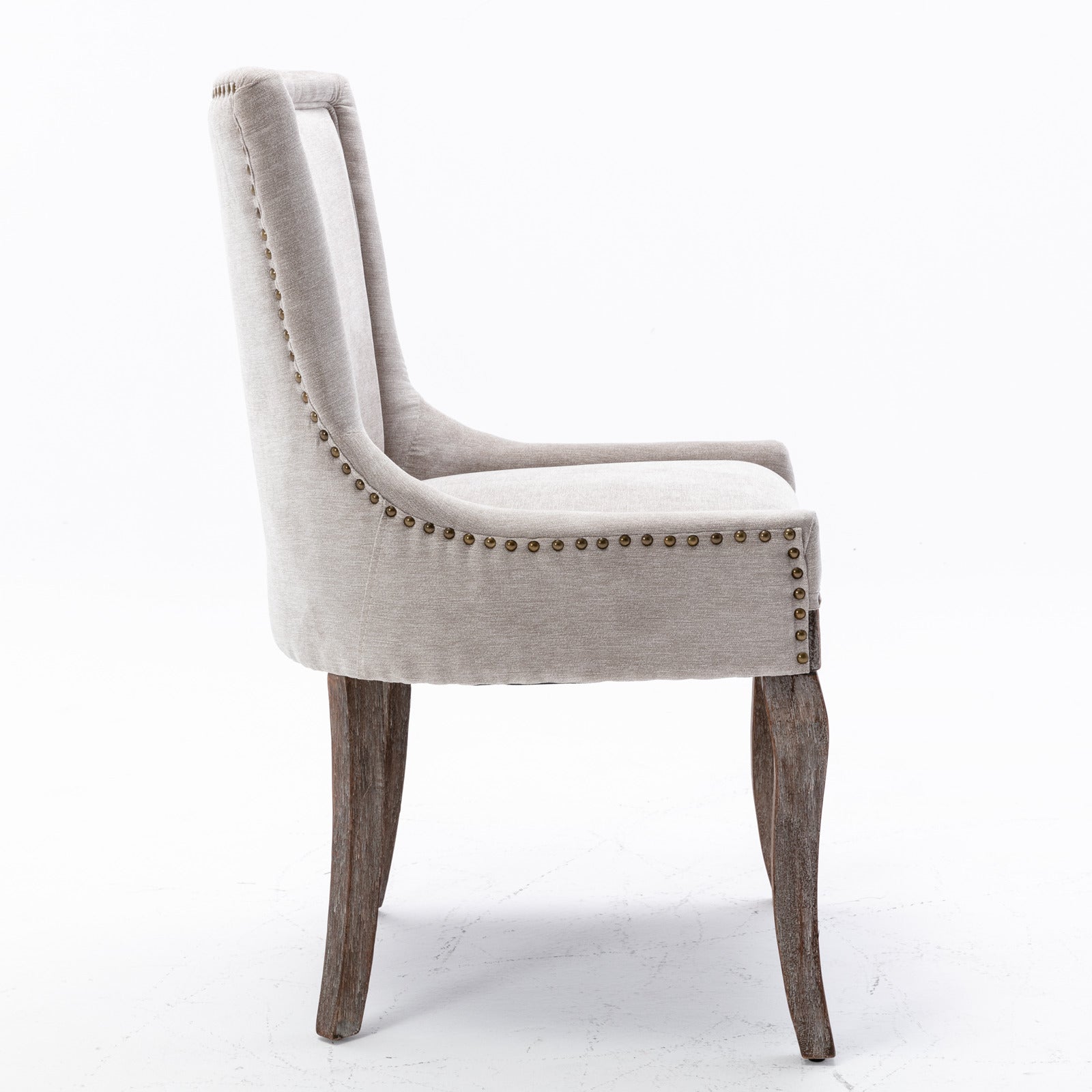 A&amp;A Furniture,Ultra Side Dining Chair，Thickened fabric chairs with neutrally toned solid wood legs， Bronze nail head，Set of 2，Beige