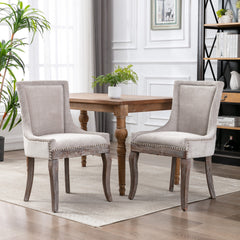 A&amp;A Furniture,Ultra Side Dining Chair，Thickened fabric chairs with neutrally toned solid wood legs， Bronze nail head，Set of 2，Beige