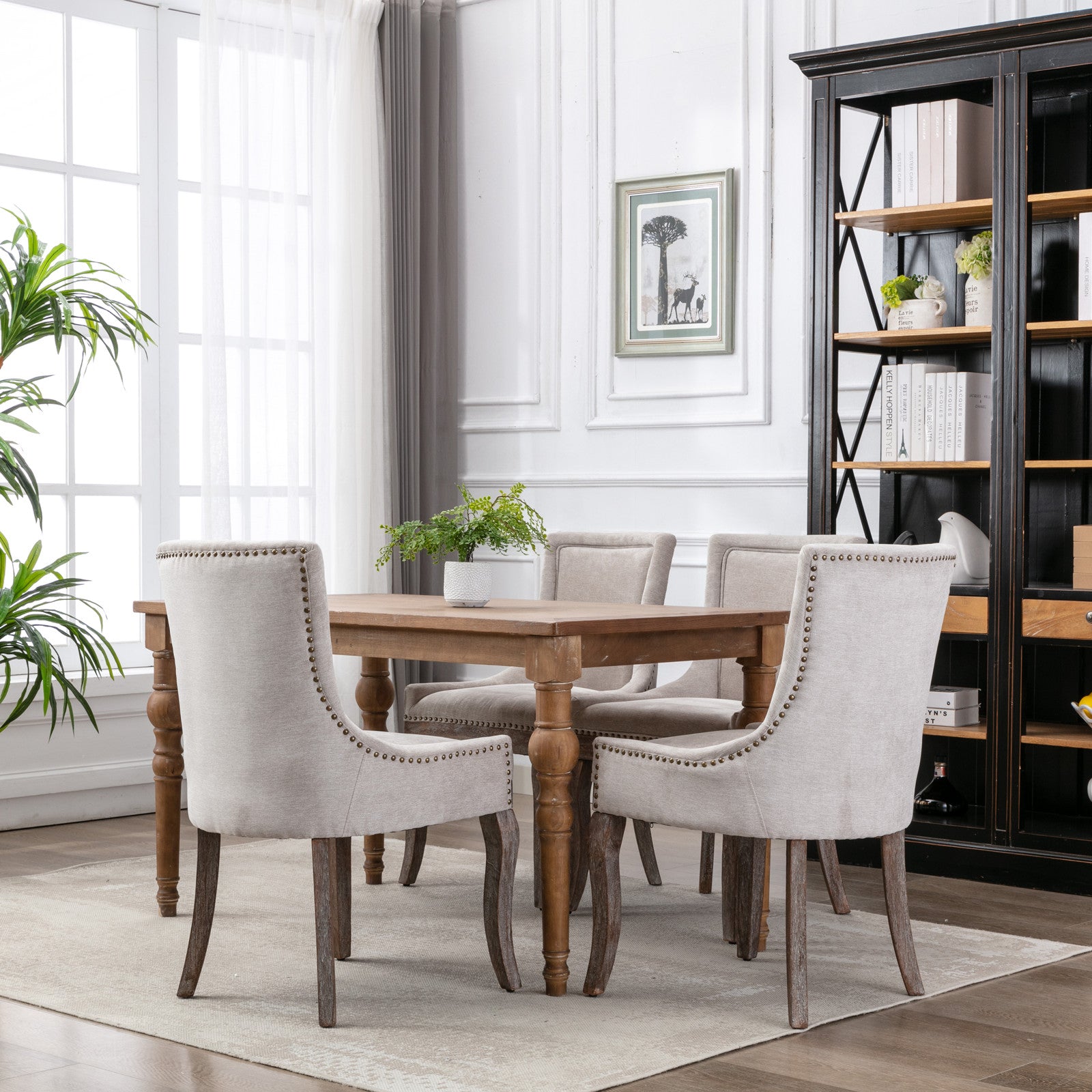 A&amp;A Furniture,Ultra Side Dining Chair，Thickened fabric chairs with neutrally toned solid wood legs， Bronze nail head，Set of 2，Beige