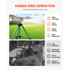 Impact Sprinkler on Tripod Base, Heavy Duty Tripod Sprinklers with Brass Head & 3/4" Connector, 360 Degree Large Area Coverage Irrigation Sprinkler, Adjustable Heights Sprinkler for Yard Green