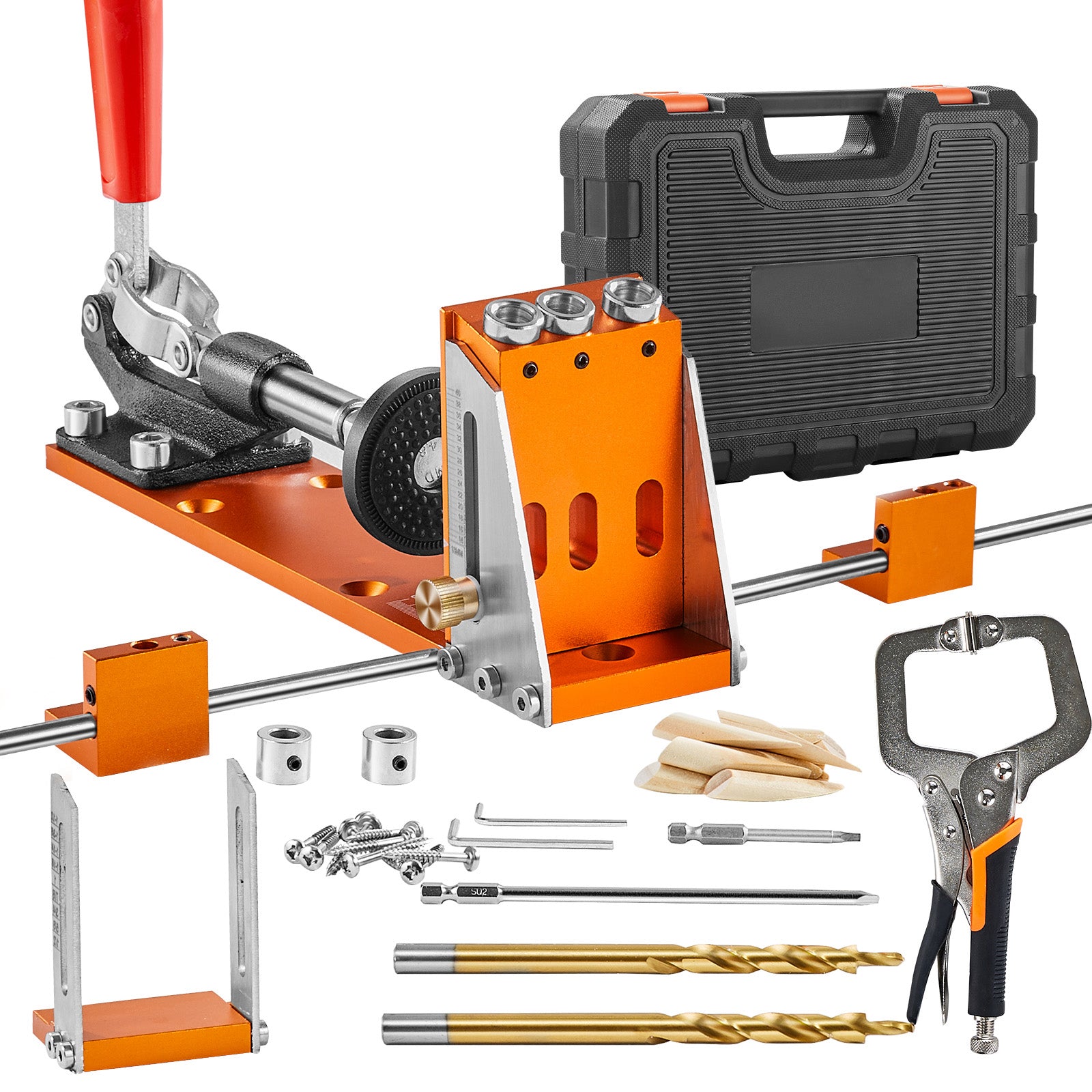 Pocket Hole Jig Kit, 34 Pcs Pocket Hole Jig System with 11" C-clamp,  Fixture, Step Drills, Wrenches, Drill Stop Rings, Square Drive Bits, Toolbox, Adjustable, for DIY Carpentry Projects