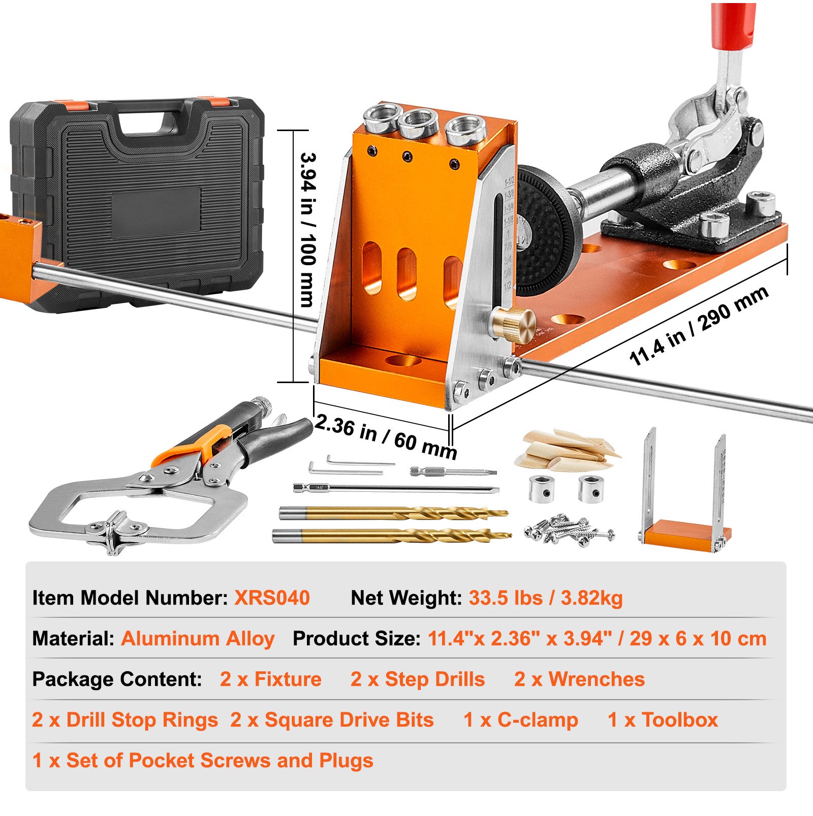 Pocket Hole Jig Kit, 34 Pcs Pocket Hole Jig System with 11" C-clamp,  Fixture, Step Drills, Wrenches, Drill Stop Rings, Square Drive Bits, Toolbox, Adjustable, for DIY Carpentry Projects
