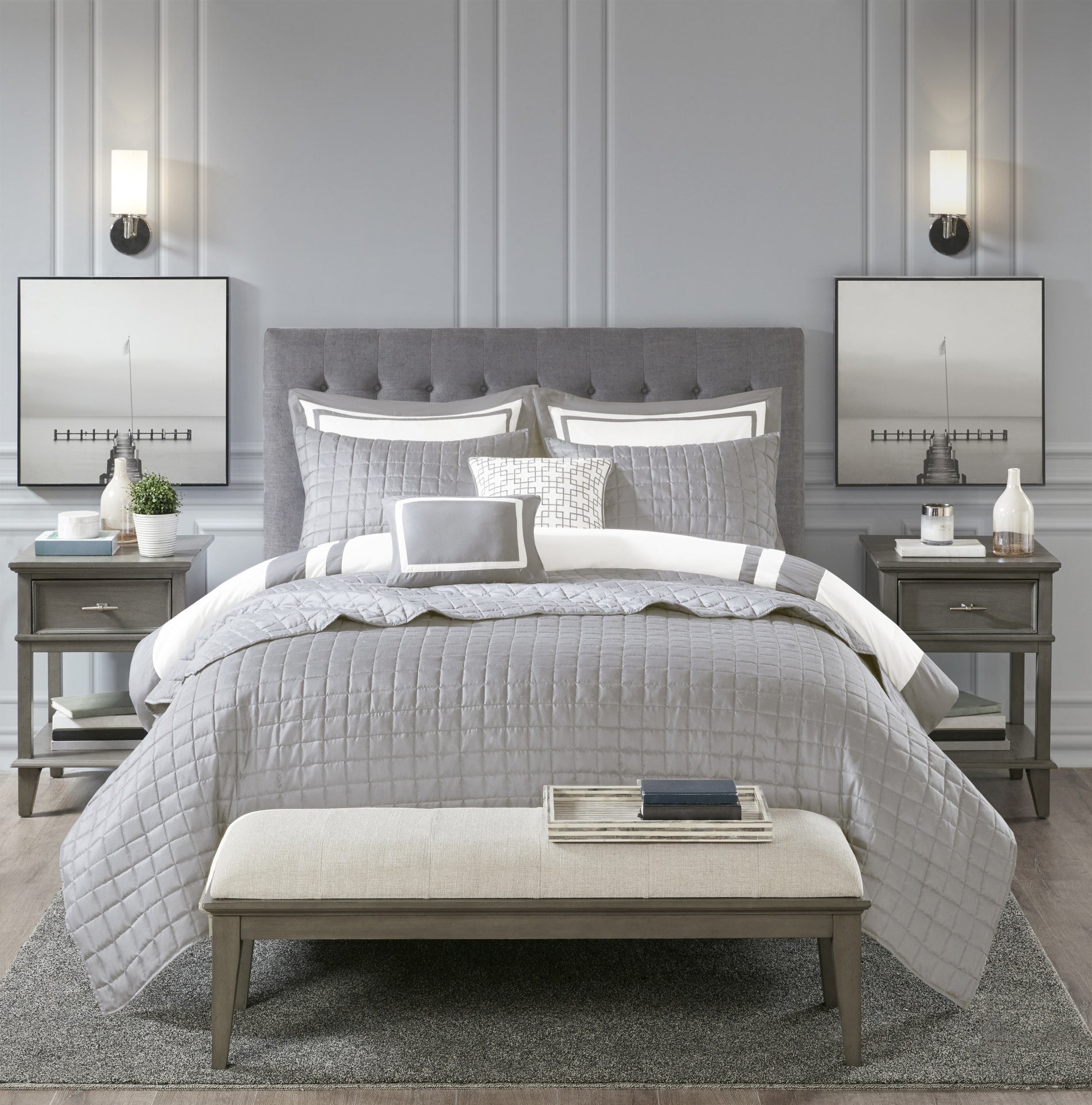 8 Piece Comforter and Quilt Set Collection Grey King/Cal King