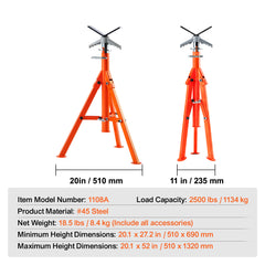 Pipe Stand, 2500LBS Heavy Duty Pipe Jack Stands, 27.2"-52" Height Adjustable V Head Pipe Stand, 45# Steel Folding Jack Stand for 1/2-12 inches Pipes