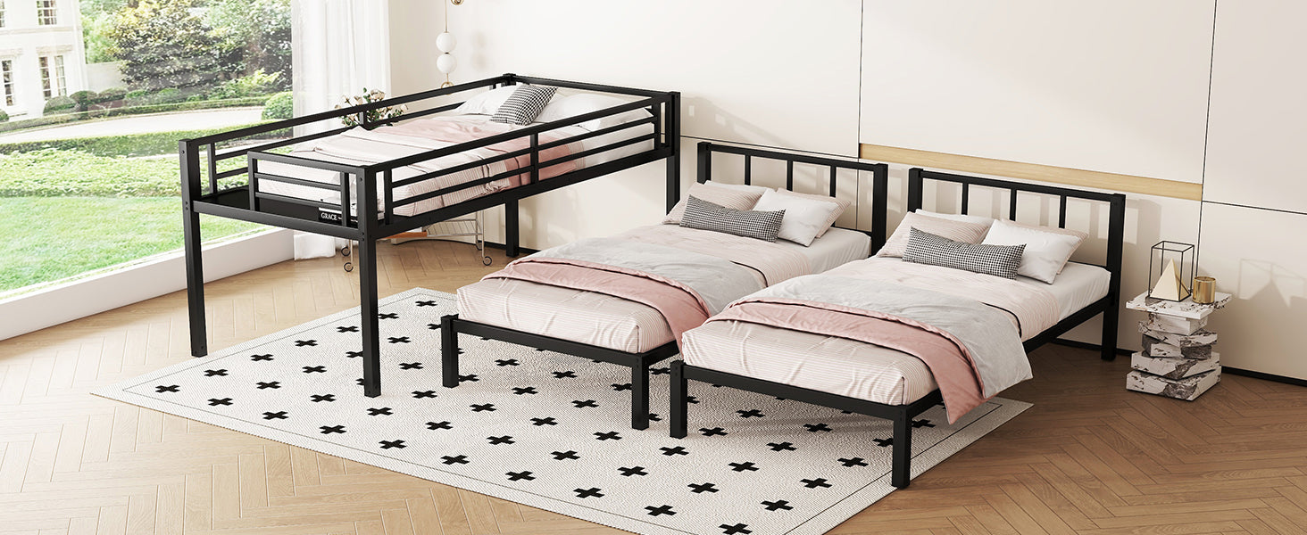 Twin over Twin & Twin Bunk Beds for 3, Twin XL over Twin & Twin Bunk Bed Metal Triple Bunk Bed, Black