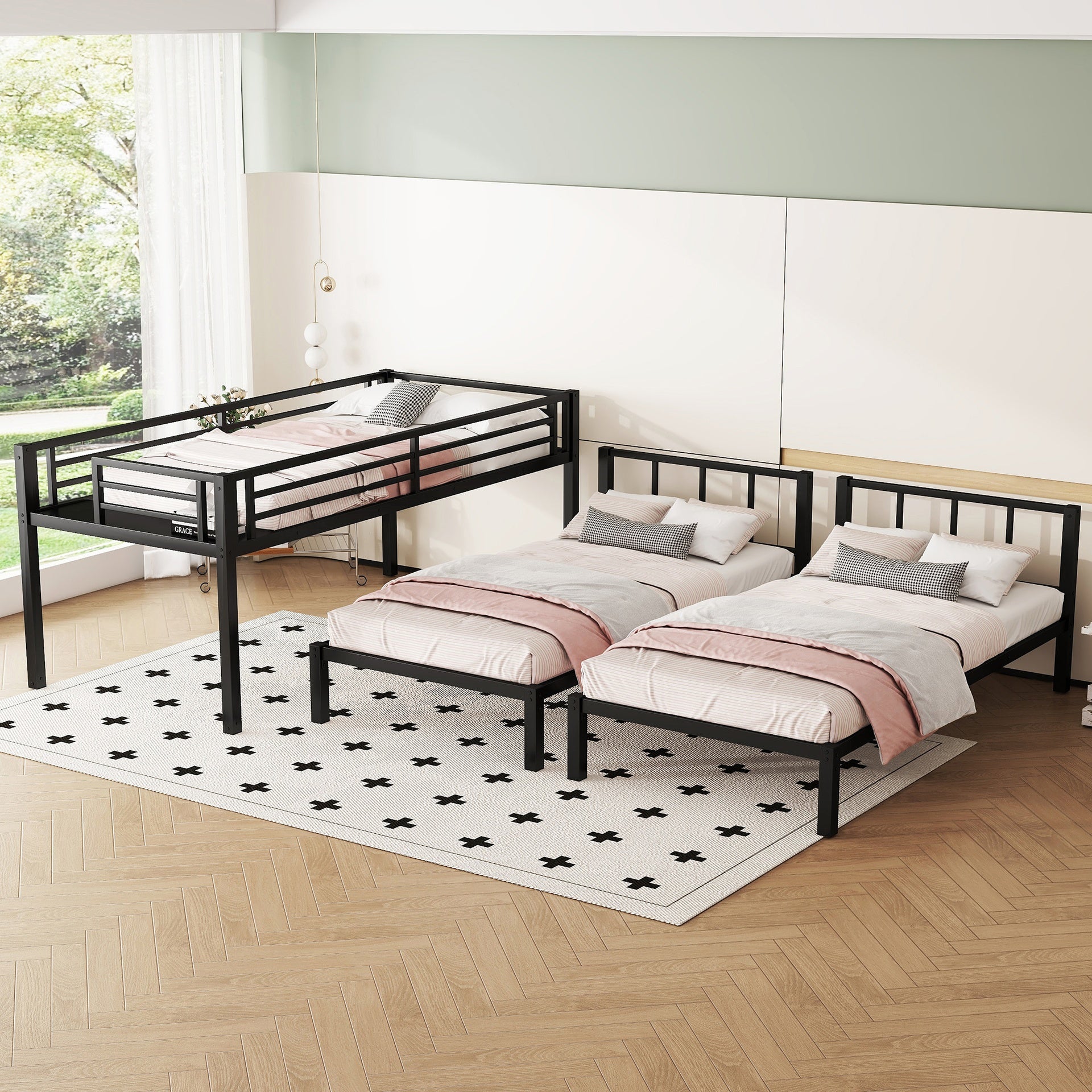 Twin over Twin & Twin Bunk Beds for 3, Twin XL over Twin & Twin Bunk Bed Metal Triple Bunk Bed, Black