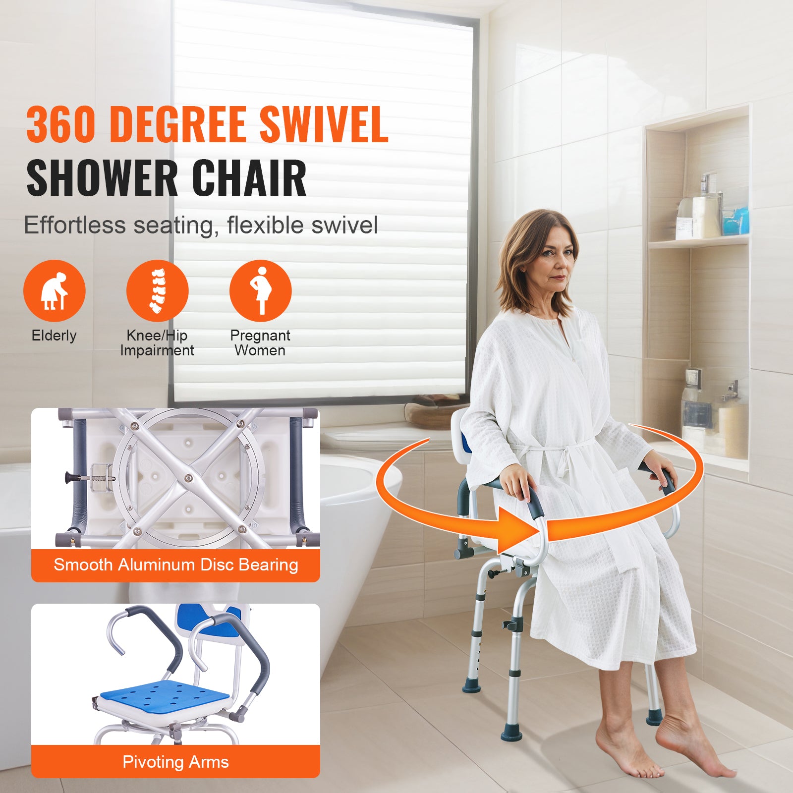 Shower Chair 360° Swivel Bathtub Shower Seat with Pivoting Arms 400LBS