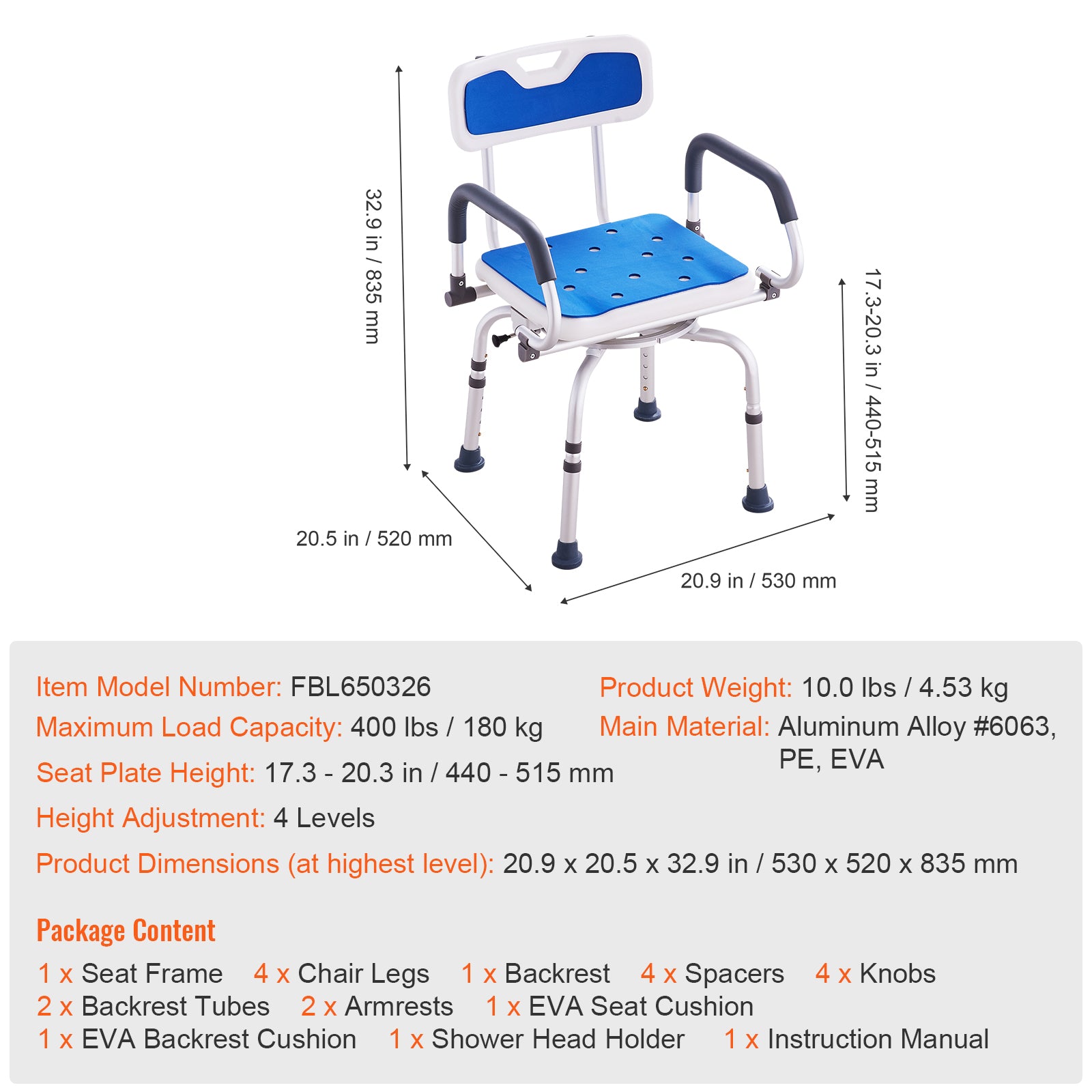 Shower Chair 360° Swivel Bathtub Shower Seat with Pivoting Arms 400LBS