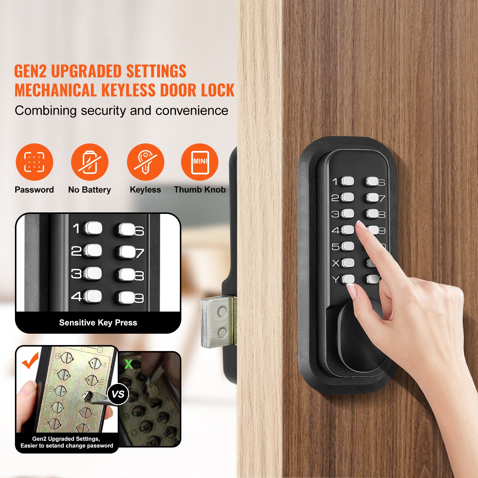 Mechanical Keyless Entry Door Lock, 14 Digit Keypad, Outdoor Gate Door Locks Set with Surface-mounted Latch, Water-proof Zinc Alloy, Keypad and Knob, Easy to Install, for Garden, Garage, Yard