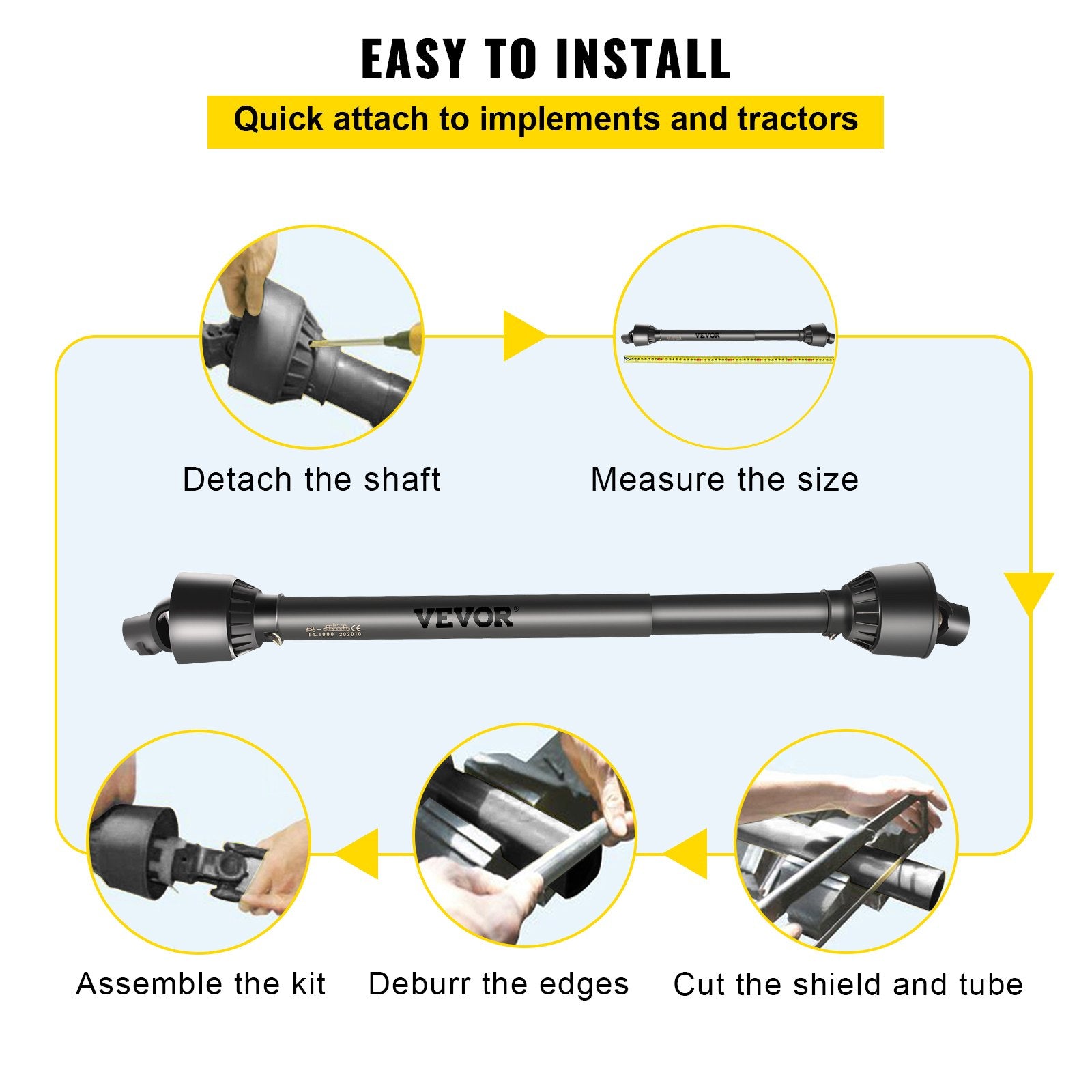 PTO Shaft 1 3/8" PTO Drive Shaft, 6 Spline End Round End PTO Driveline Shaft, Series 4 Tractor PTO Shaft, 39"-55" Brush Hog PTO Shaft, Black PTO Shaft for Bush Hog/Finish Mower/Rotary Cutter