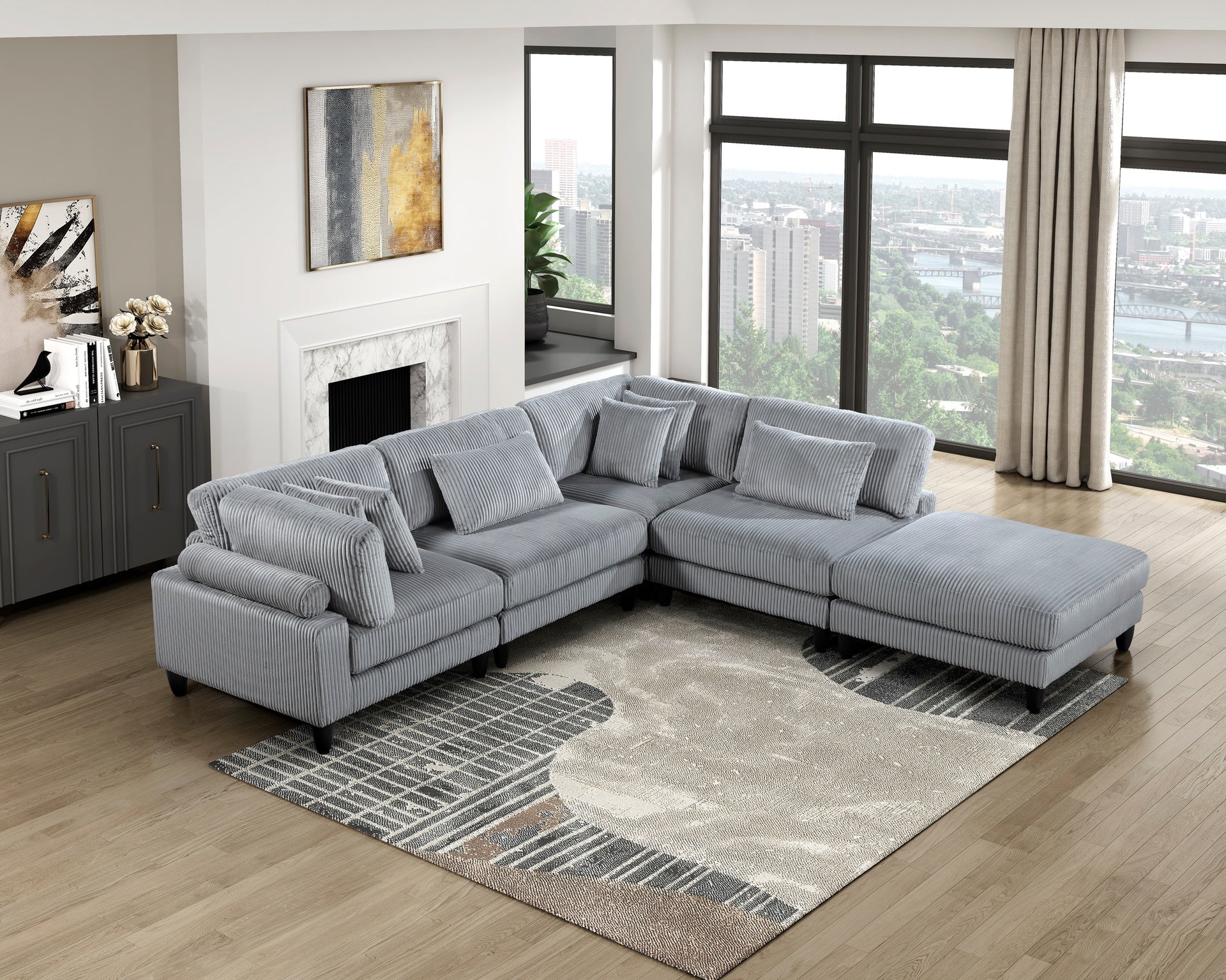 Living Room Furniture Armless Chair Gray Corduroy Upholstery 1pc Armless Chair Soft Cushion Solid Wood Legs