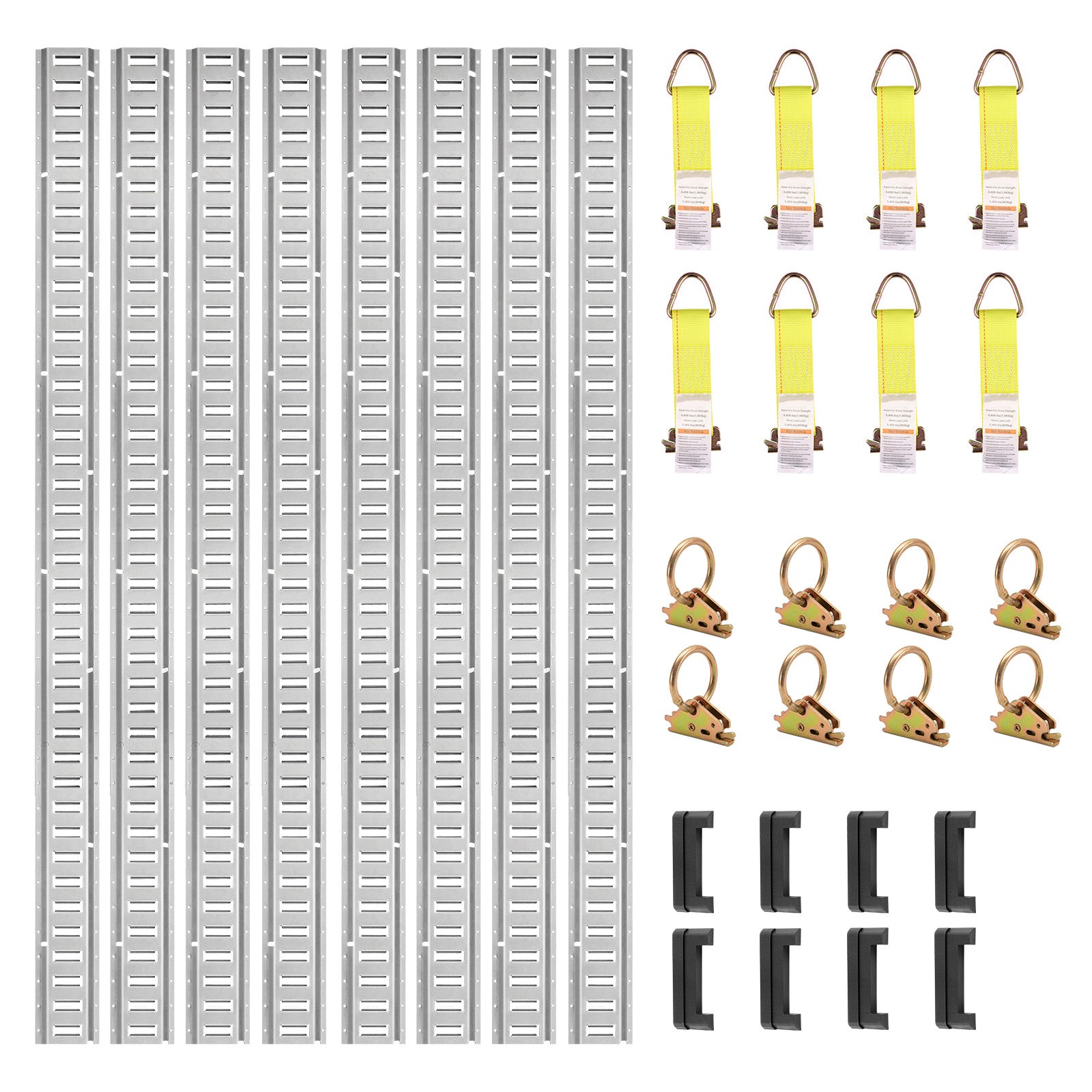 E Track Tie-Down Rail Kit, 34PCS 5FT E-Tracks Set Includes 8 Steel Rails & 2 Single Slot & 8 O Rings & 8 Tie-Offs w/D-Ring & 8 End Caps, Securing Accessories for Cargo, Motorcycles, and Bikes