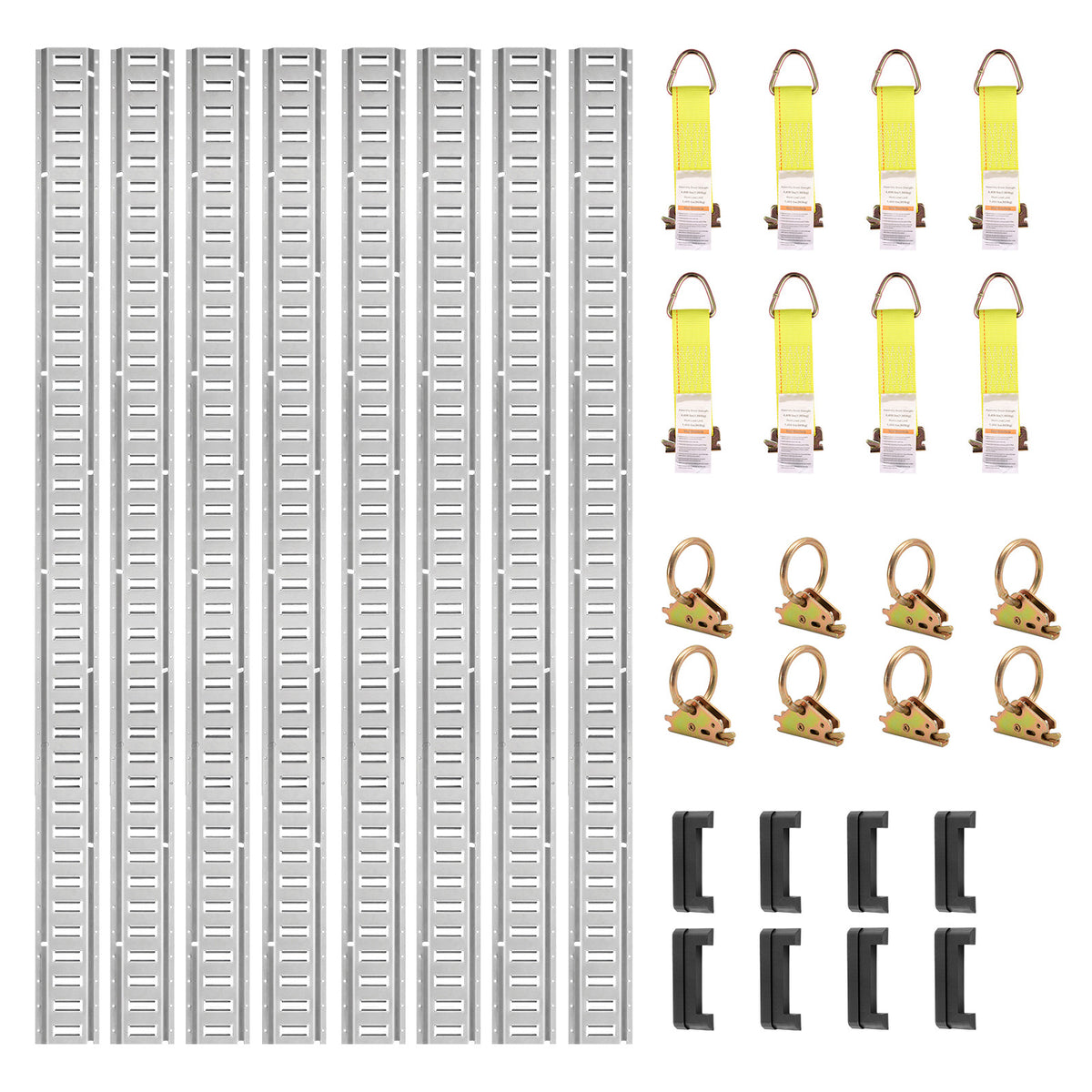 E Track Tie-Down Rail Kit, 34PCS 5FT E-Tracks Set Includes 8 Steel Rails & 2 Single Slot & 8 O Rings & 8 Tie-Offs w/D-Ring & 8 End Caps, Securing Accessories for Cargo, Motorcycles, and Bikes