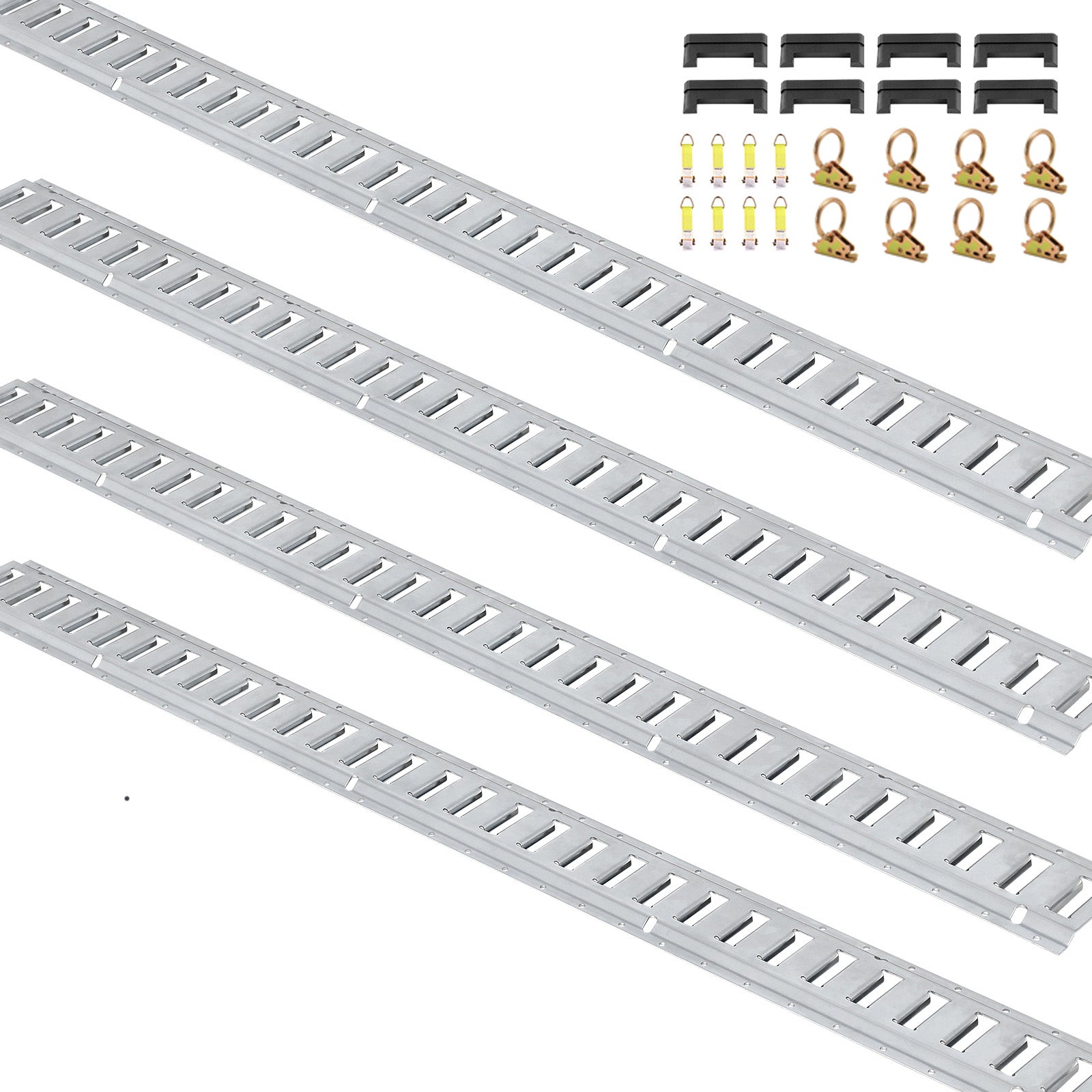E Track Tie-Down Rail Kit, 34PCS 5FT E-Tracks Set Includes 8 Steel Rails & 2 Single Slot & 8 O Rings & 8 Tie-Offs w/D-Ring & 8 End Caps, Securing Accessories for Cargo, Motorcycles, and Bikes