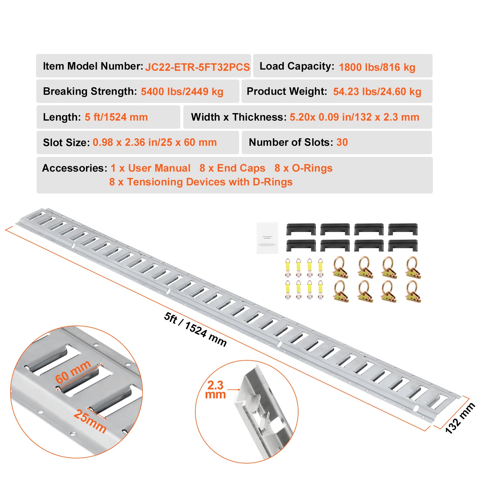 E Track Tie-Down Rail Kit, 34PCS 5FT E-Tracks Set Includes 8 Steel Rails & 2 Single Slot & 8 O Rings & 8 Tie-Offs w/D-Ring & 8 End Caps, Securing Accessories for Cargo, Motorcycles, and Bikes