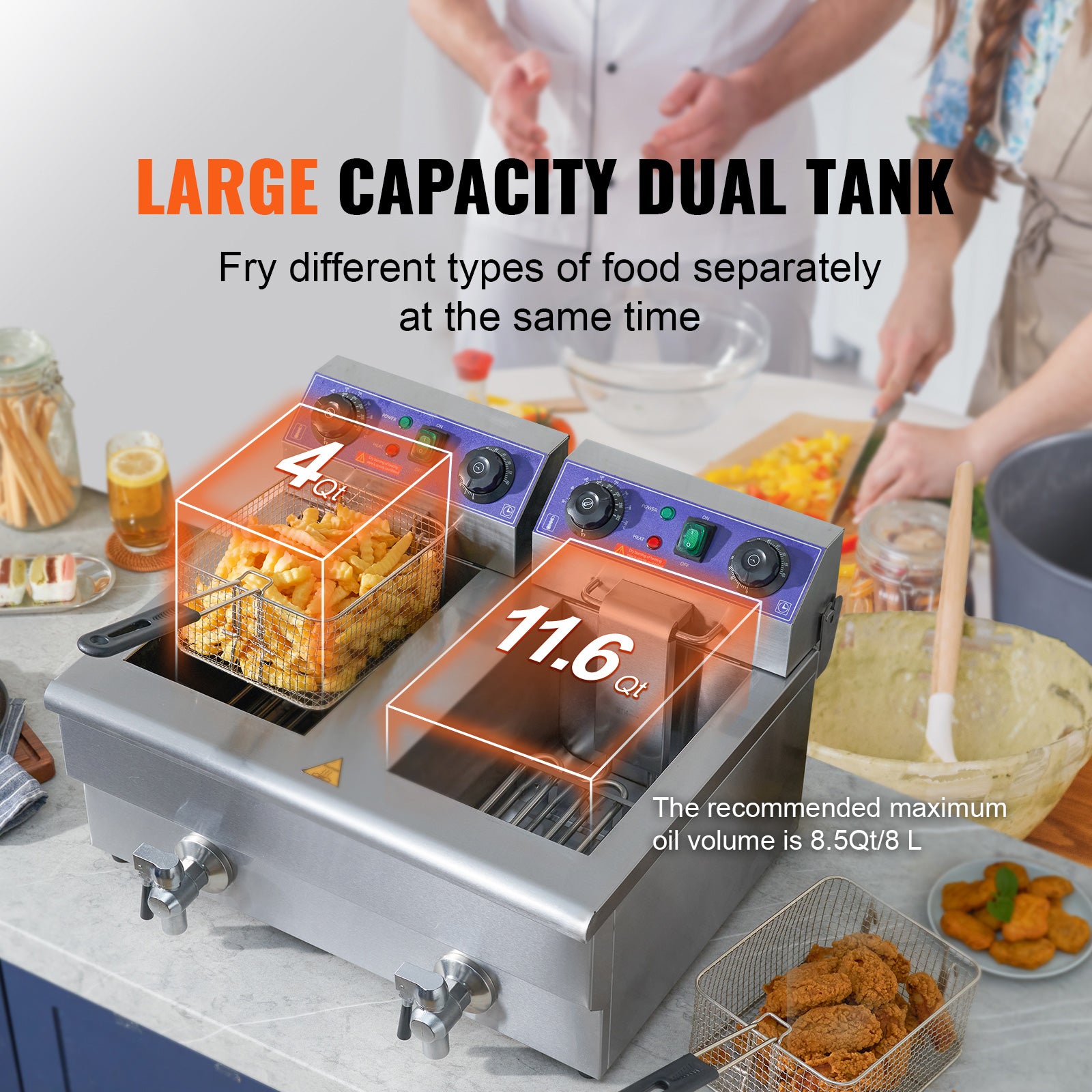 Commercial Electric Deep Fryer Countertop Deep Fryer with Dual Tanks 3000W