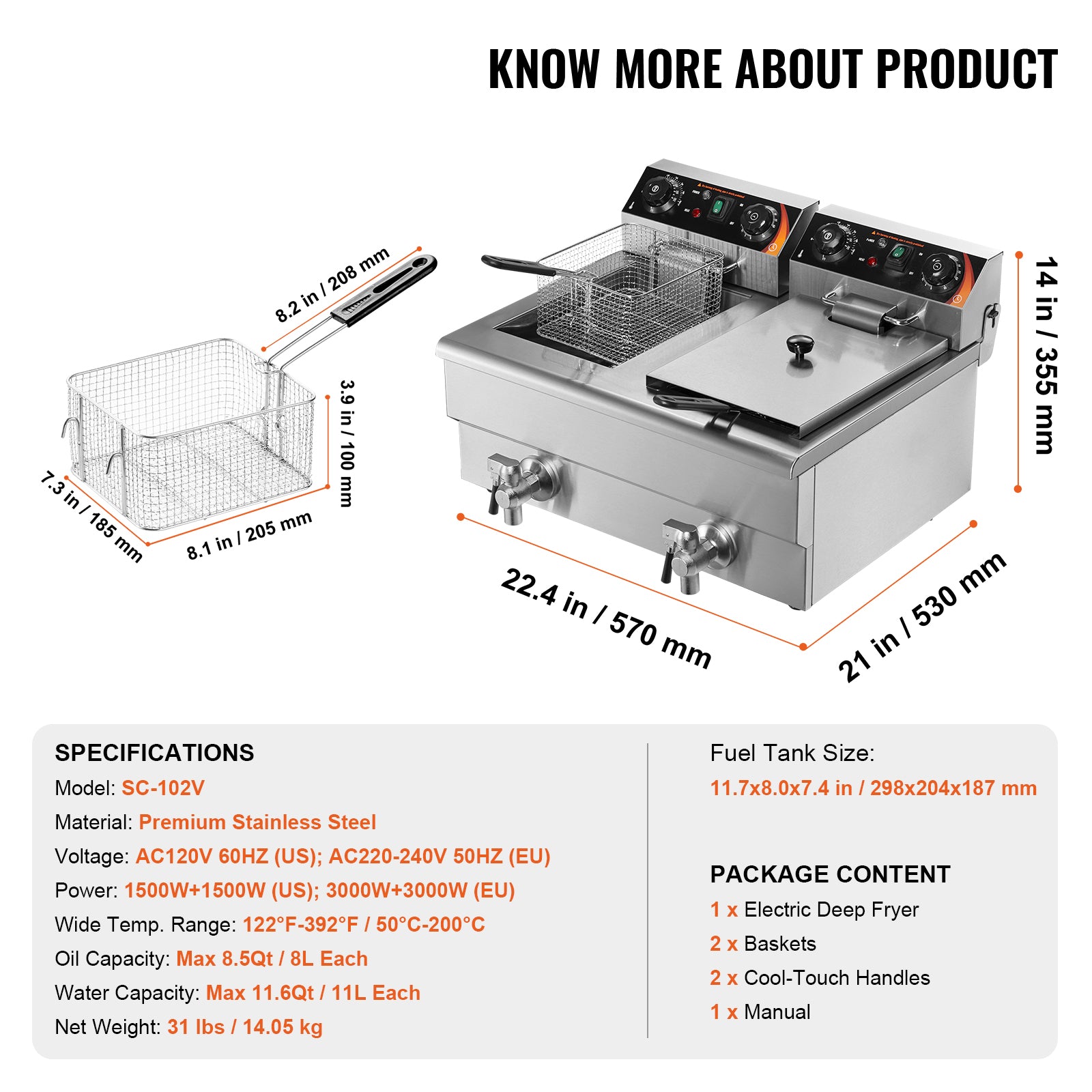 Commercial Electric Deep Fryer Countertop Deep Fryer with Dual Tanks 3000W
