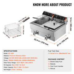 Commercial Electric Deep Fryer Countertop Deep Fryer with Dual Tanks 3000W