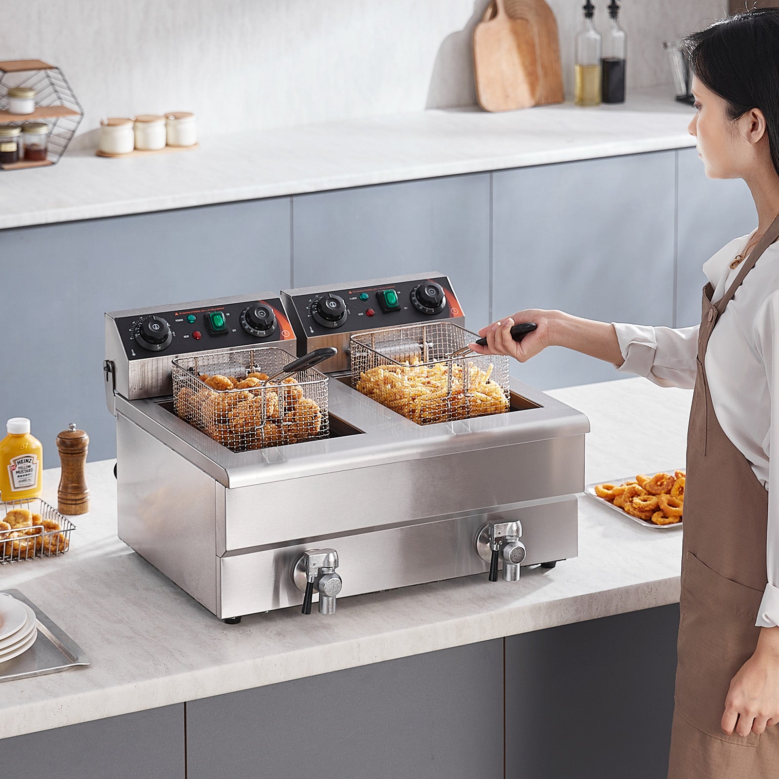 Commercial Electric Deep Fryer Countertop Deep Fryer with Dual Tanks 3000W