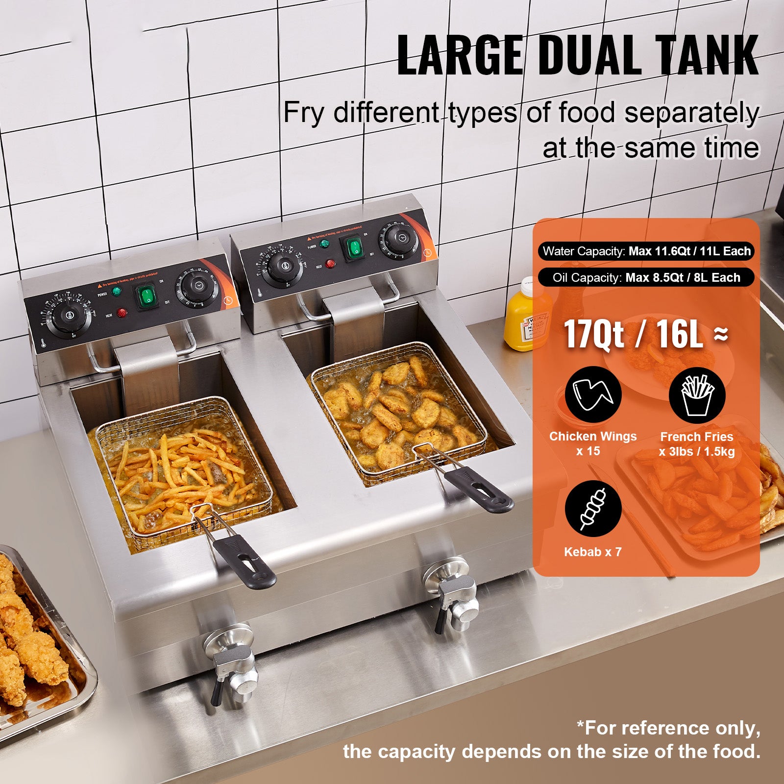 Commercial Electric Deep Fryer Countertop Deep Fryer with Dual Tanks 3000W