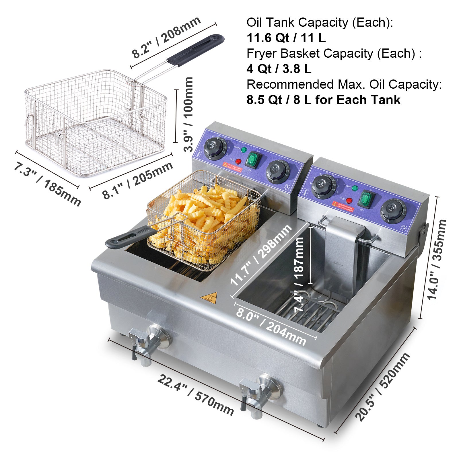 Commercial Electric Deep Fryer Countertop Deep Fryer with Dual Tanks 3000W