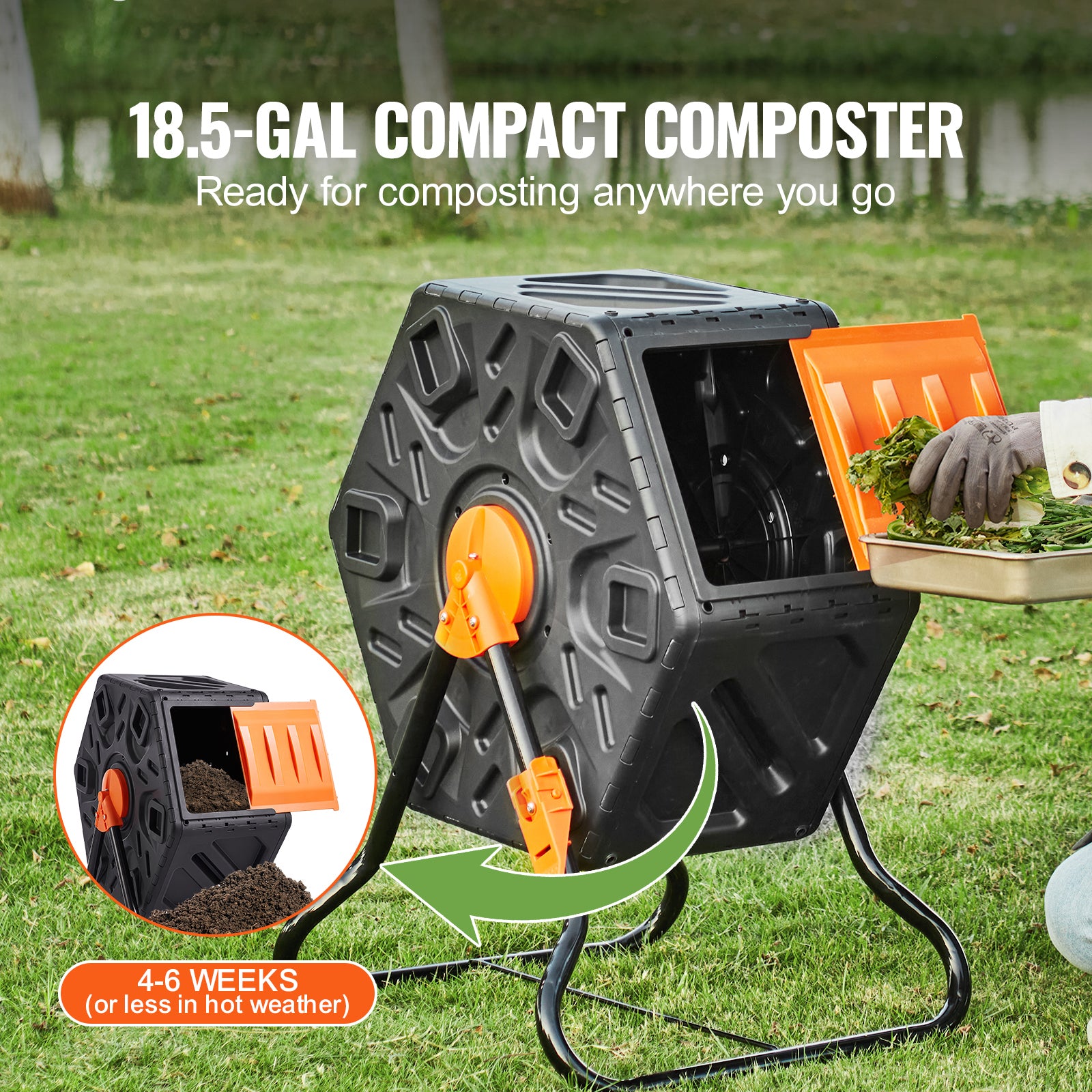 Compost Bin, 18.5-Gal Composting Tumbler, Compact Single Rotating Chamber with Sliding Door and Steel Frame, BPA Free  Small Composter Bin Tumbler for Garden, Kitchen, Yard, Outdoor