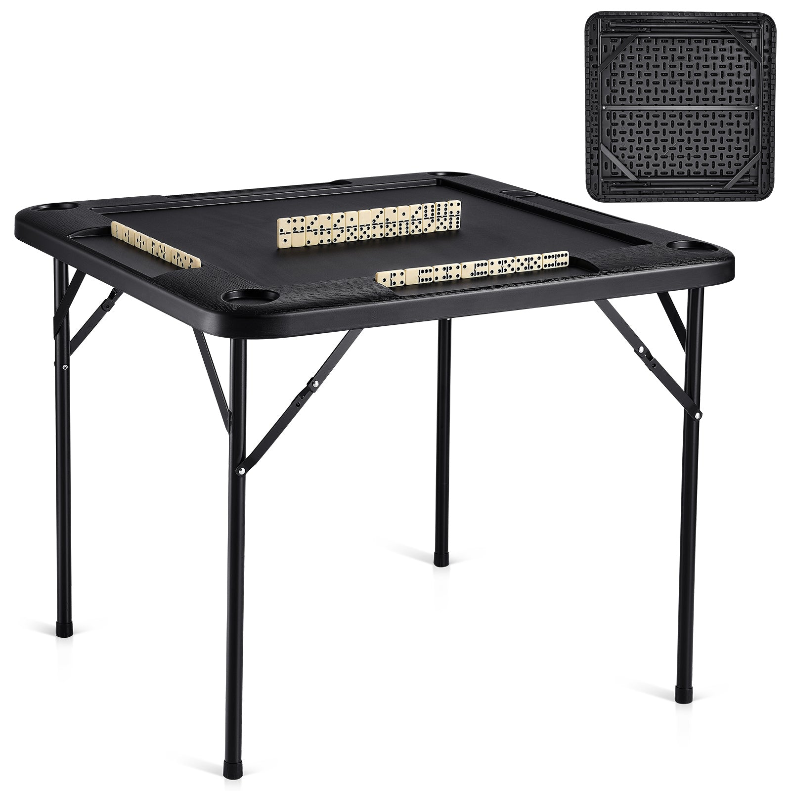 Mahjong Table 4 Player Folding Card Table & 4 Cup Holders Chip Trays Black