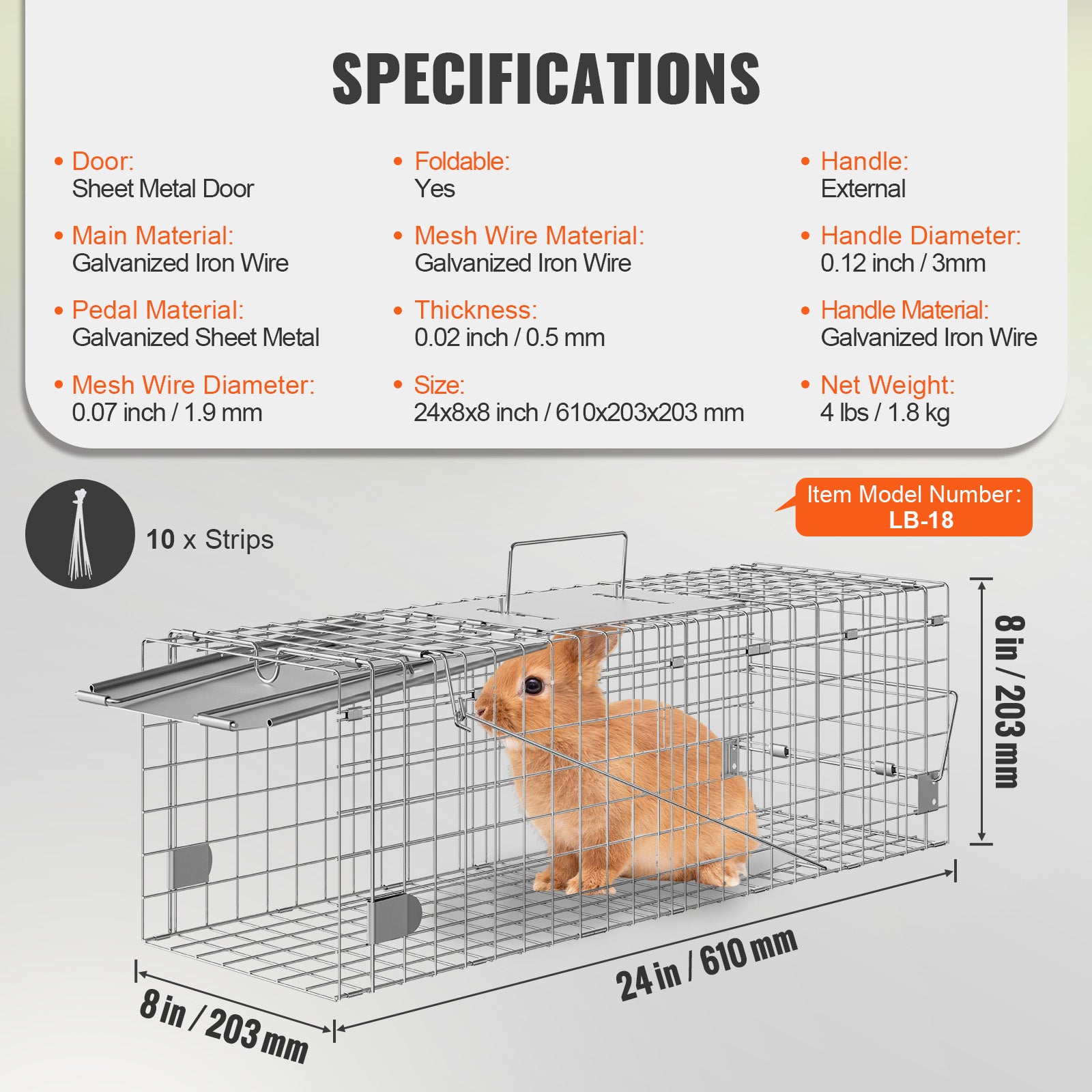 Live Animal Cage Trap, 24" x 8" x 8" Humane Cat Trap Galvanized Iron, Folding Animal Trap with Handle for Rabbits, Stray Cats, Squirrels, Raccoons, Groundhogs and Opossums