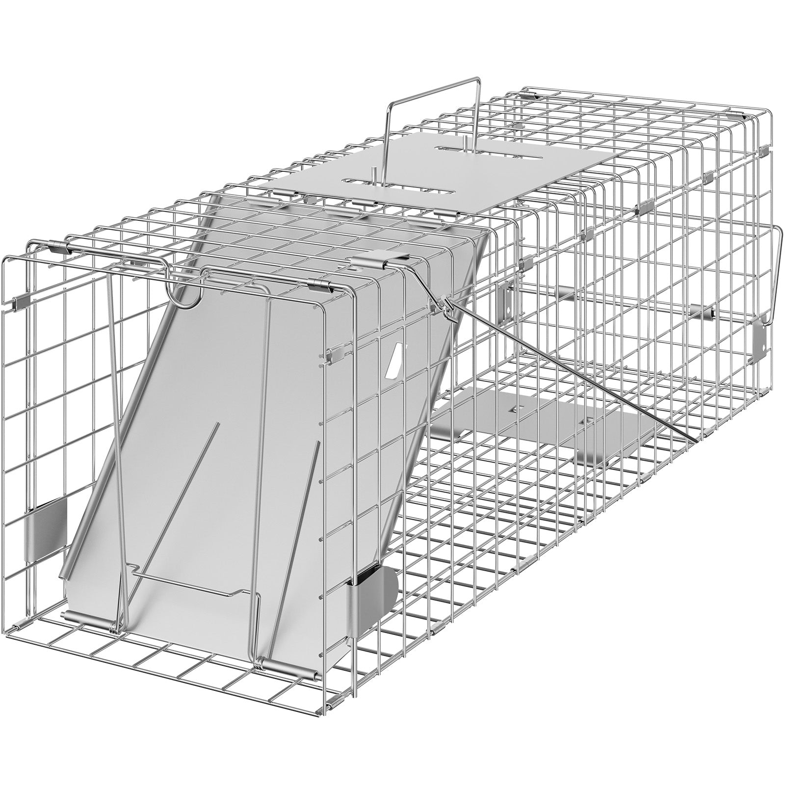 Live Animal Cage Trap, 24" x 8" x 8" Humane Cat Trap Galvanized Iron, Folding Animal Trap with Handle for Rabbits, Stray Cats, Squirrels, Raccoons, Groundhogs and Opossums
