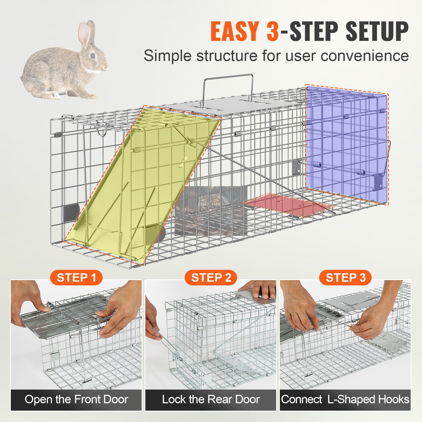 Live Animal Cage Trap, 24" x 8" x 8" Humane Cat Trap Galvanized Iron, Folding Animal Trap with Handle for Rabbits, Stray Cats, Squirrels, Raccoons, Groundhogs and Opossums
