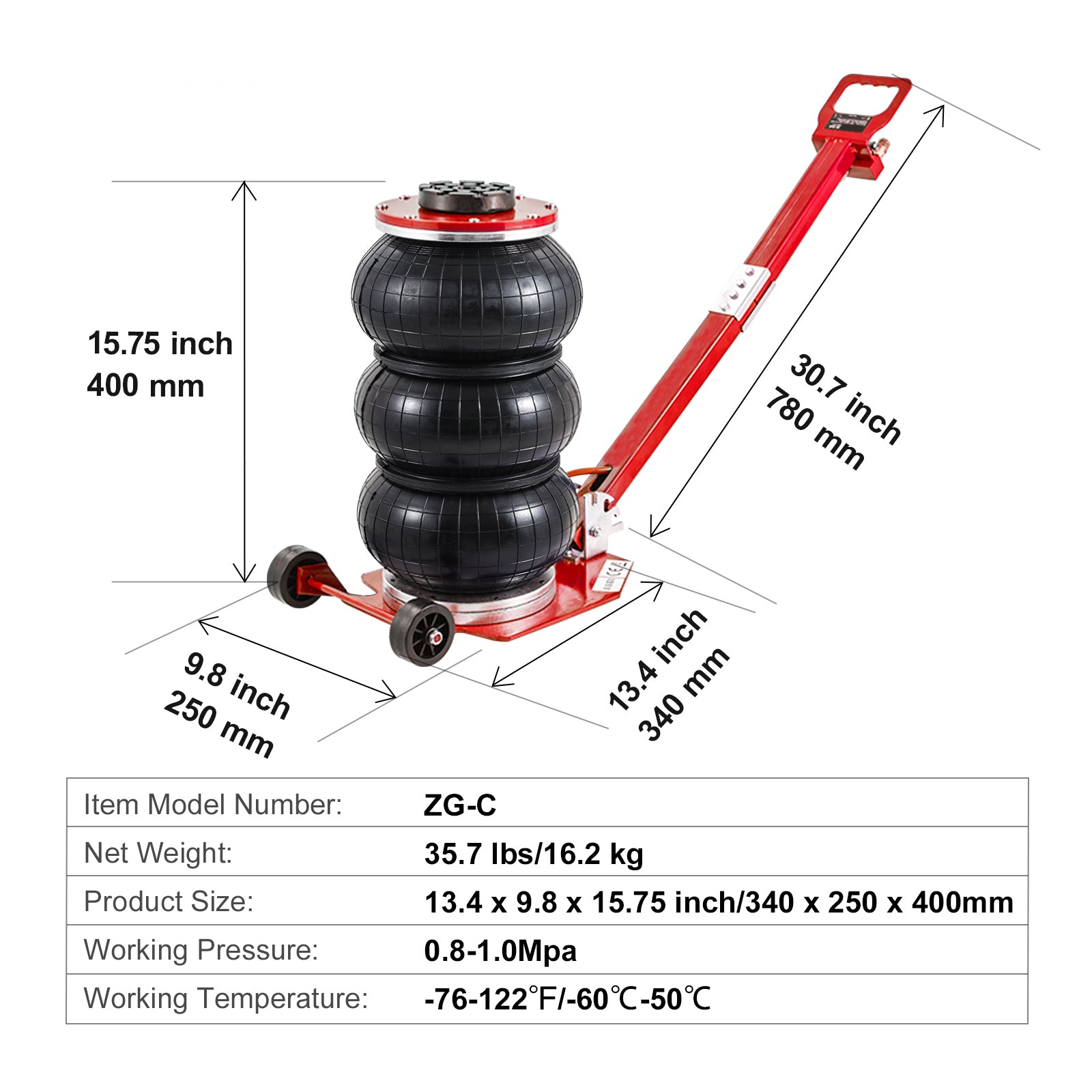 Air Jack, 3 Ton/6600 lbs Triple Bag Air Jack, Airbag Jack with Six Steel Pipes, Lift up to 17.7", 3-5 s Fast Lifting Pneumatic Jack, with Adjustable Long Handle for Cars, Garages, Repair (Red)