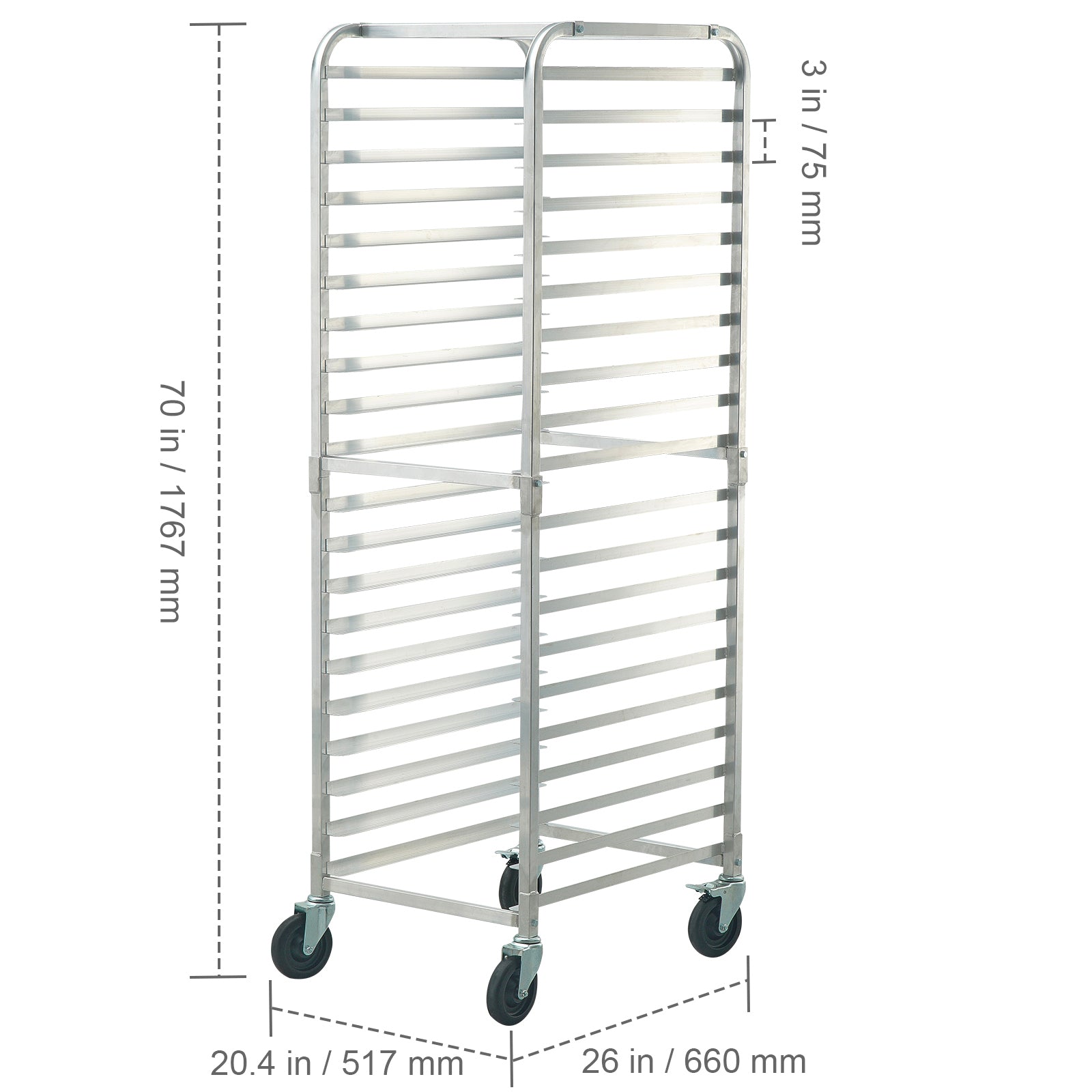 Bun Pan Rack, 20-Tier Commercial Bakery Racks with Brake Wheels, Aluminum Racking Trolley Storage for Half & Full Sheet, Speed Rack For Kitchen Home, Bread Baking Equipment, 26"L x 20.4"W x 70"H