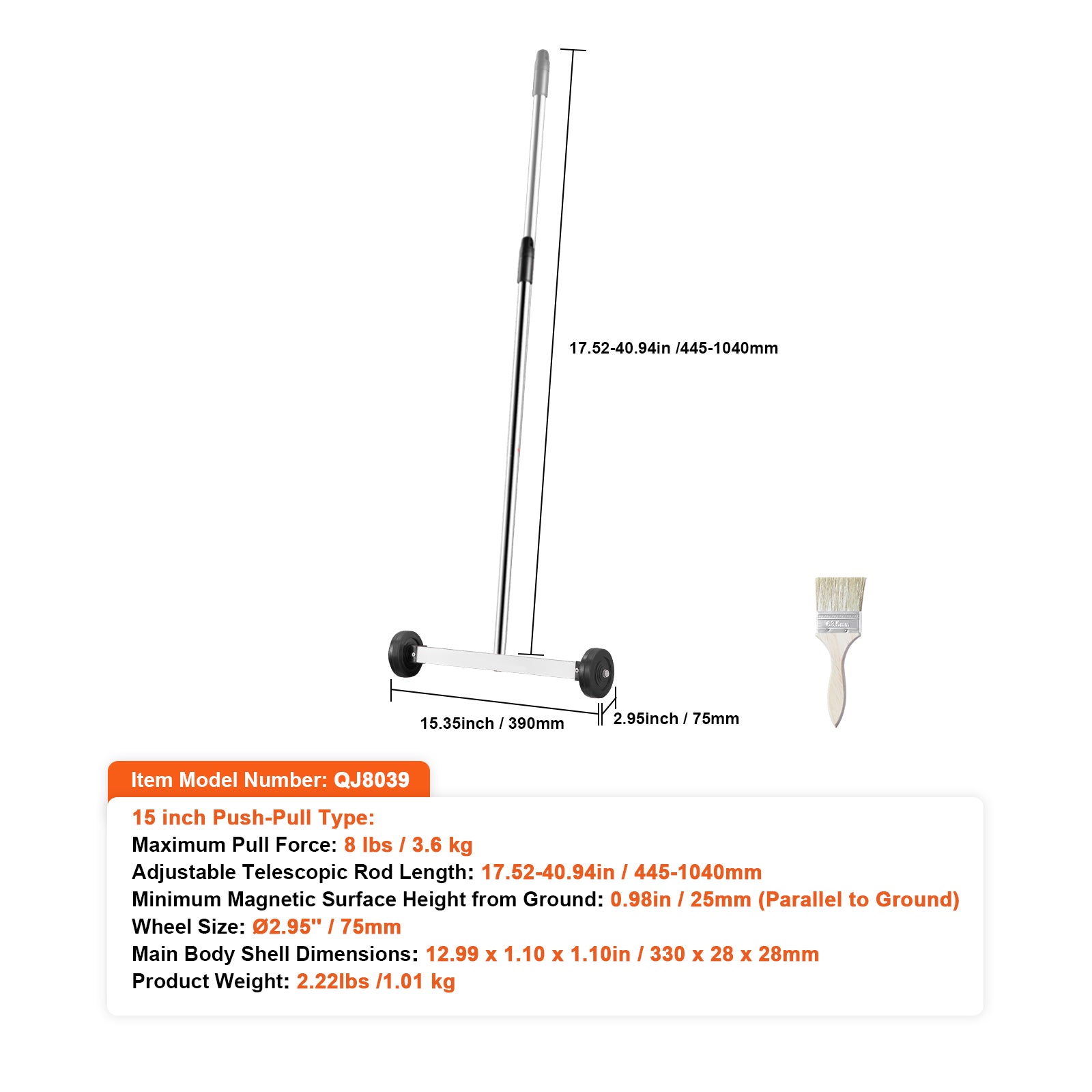 Magnetic Sweeper with Wheels 15inch Mini 8 lbs Capacity Adjustable Handle
