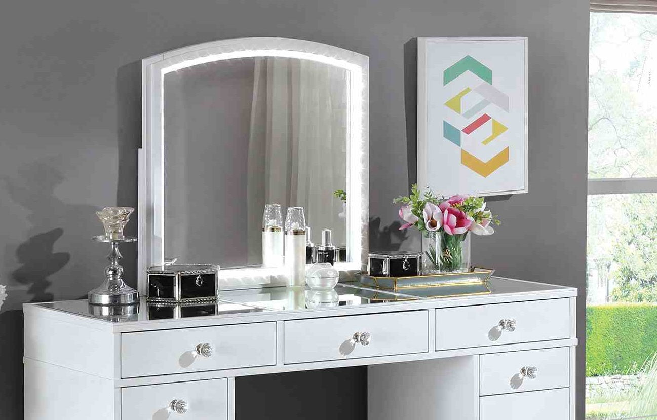 Contemporary Style 1pc Vanity Set 3mm Mirror LED Lights Storage Drawers Wooden Glides White Finish Stool Included Bedroom Furniture