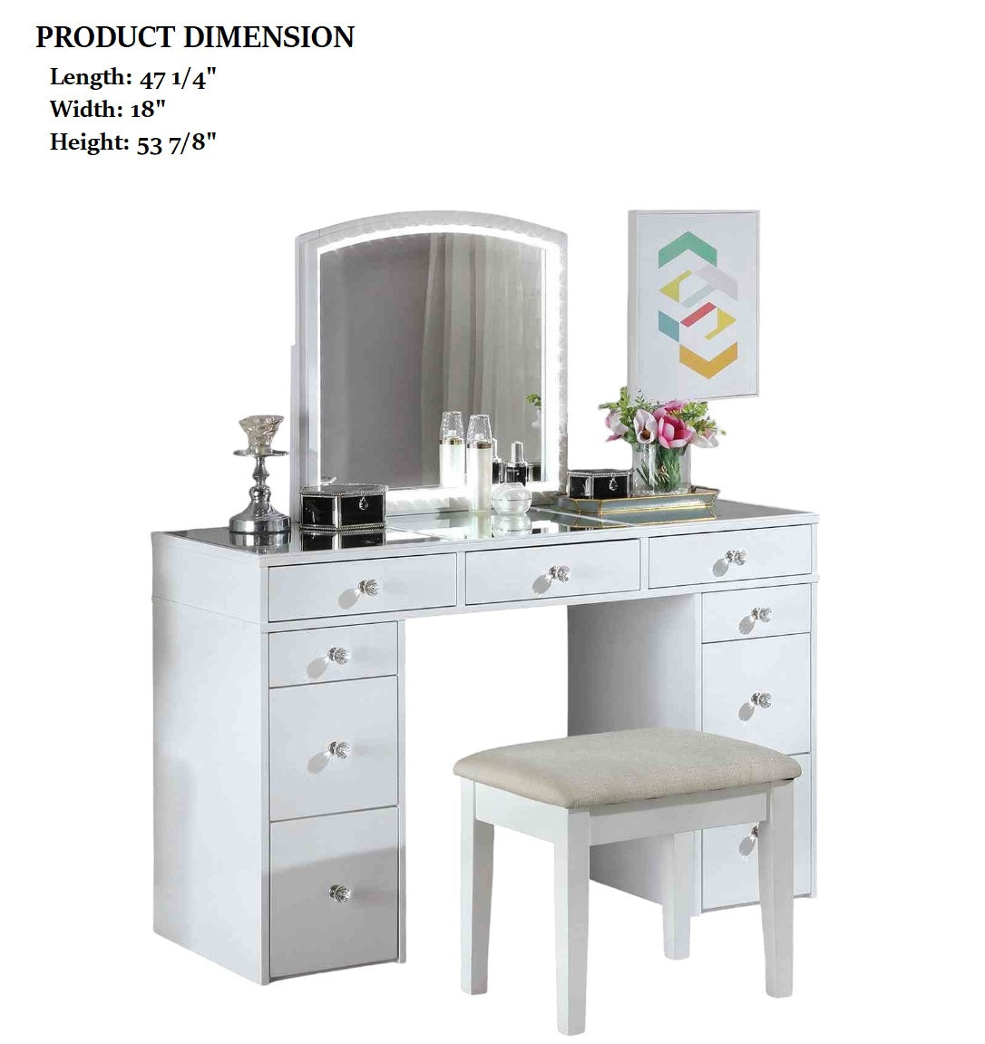 Contemporary Style 1pc Vanity Set 3mm Mirror LED Lights Storage Drawers Wooden Glides White Finish Stool Included Bedroom Furniture