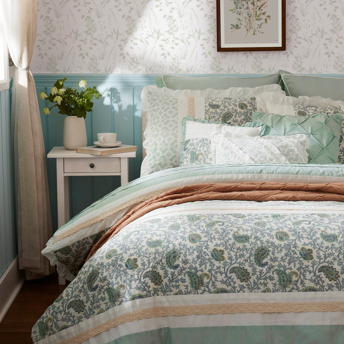 9 Piece Cotton Percale Comforter Set Aqua Queen