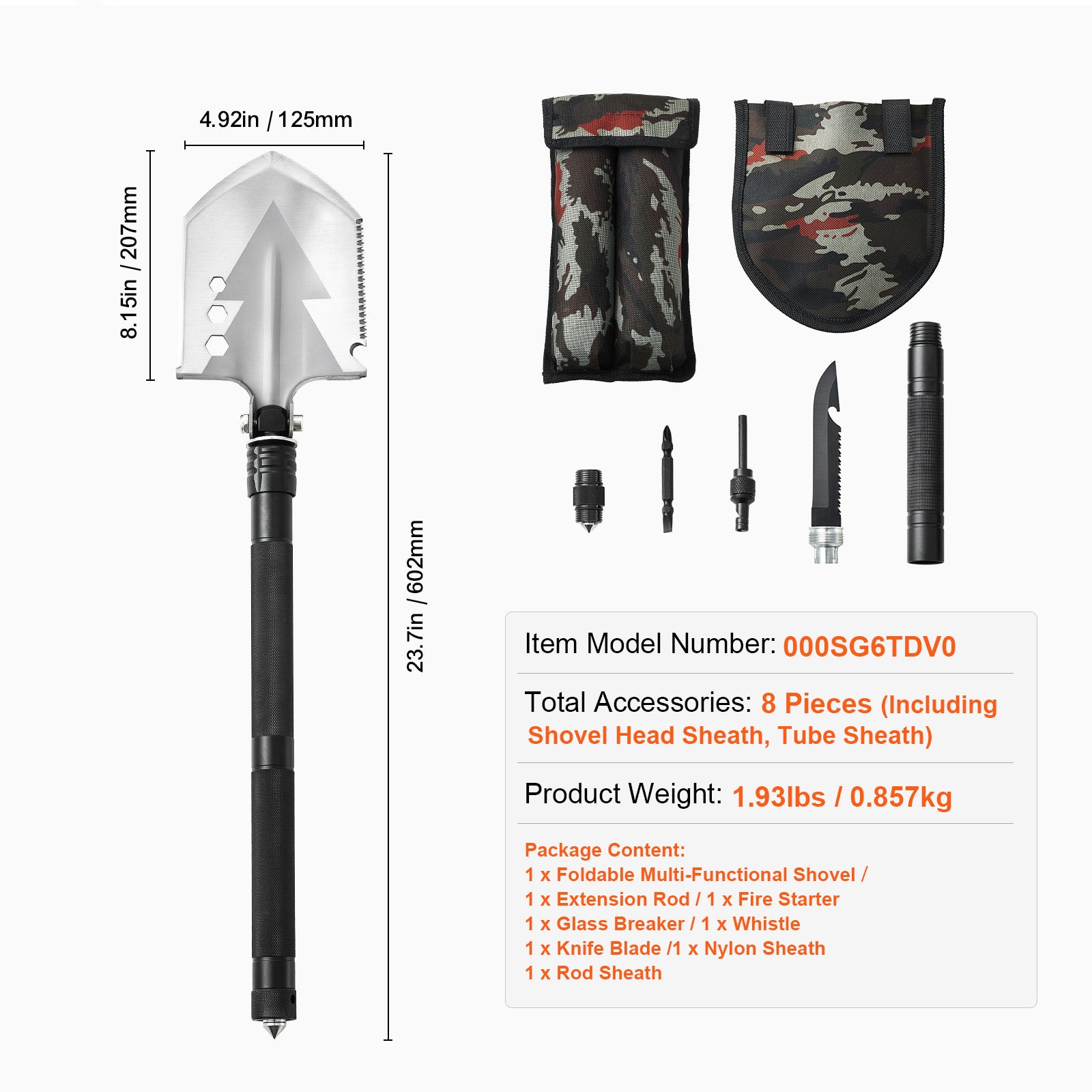 Survival Shovel 8 in 1 Camping Shovel Folding Multitool Portable Compact