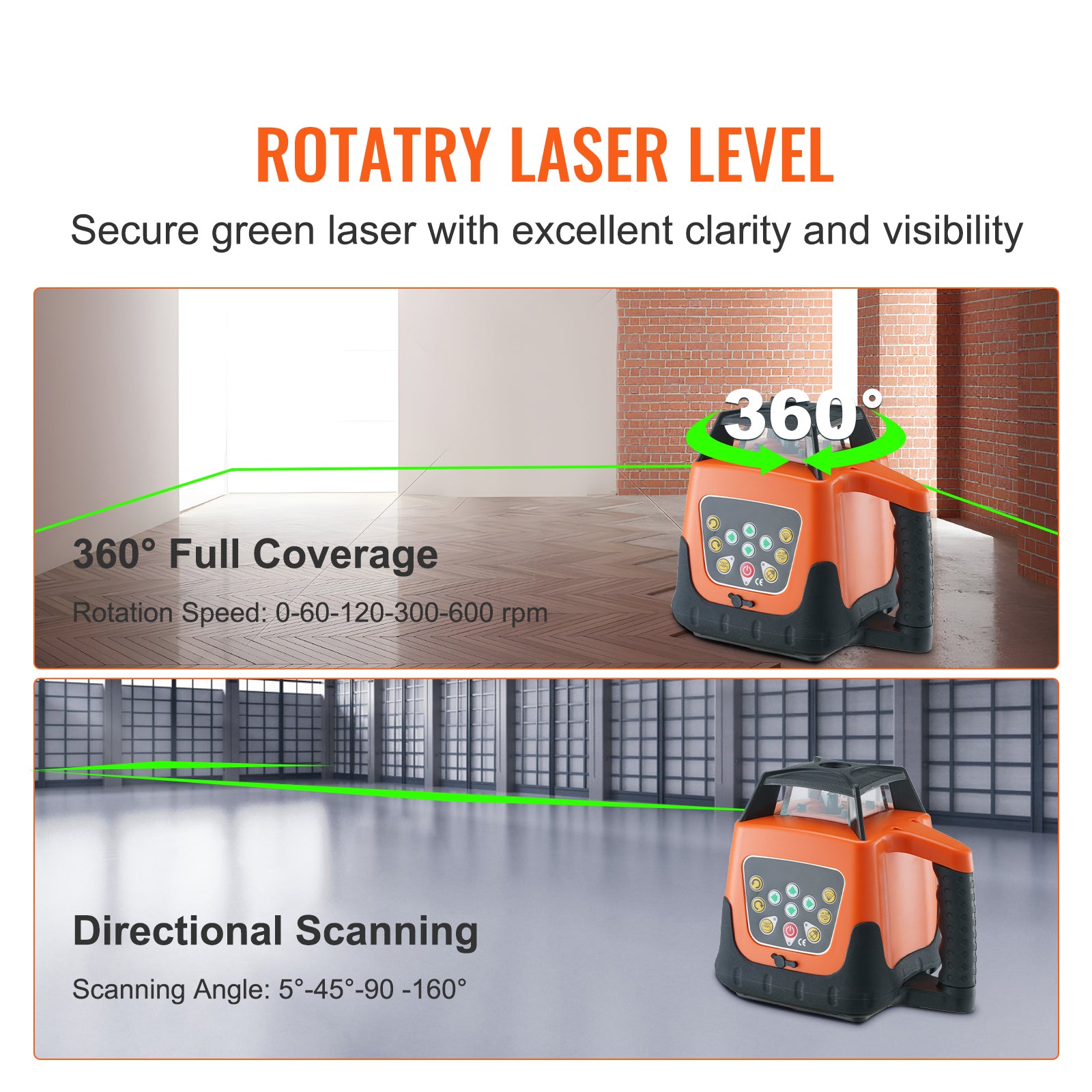 Laser Level, 2000ft, 360 Degree Self Leveling Green Cross Line Laser, 5 Rotation Speeds & 4 Scanning Angles Adjustment, IP66 Waterproof Remote Control Manual Self-leveling Mode, Battery Included