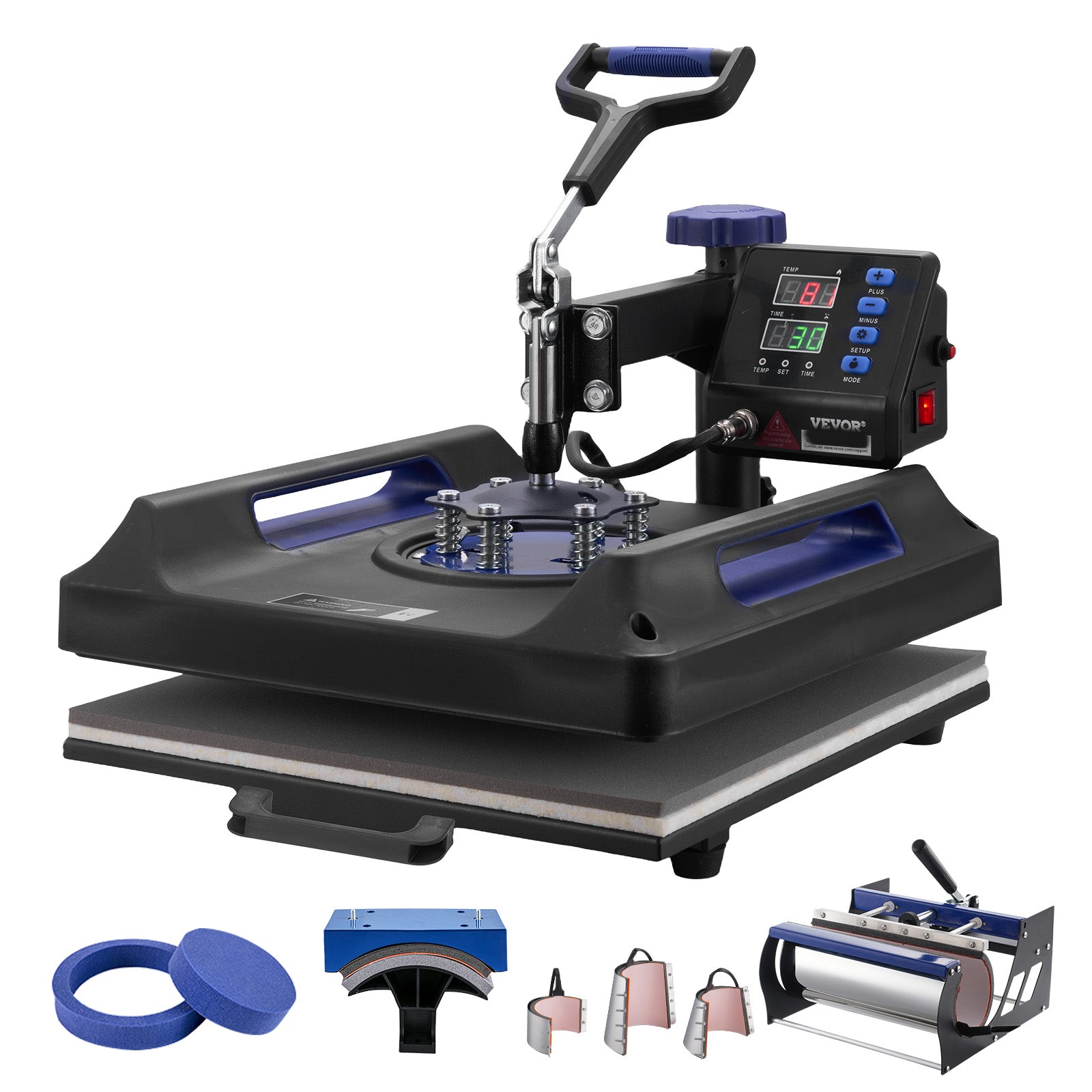 8 in 1 Heat Press Machine 15x15 in 30oz Tumbler Press T-Shirts Black+Blue
