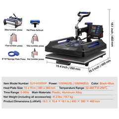 8 in 1 Heat Press Machine 15x15 in 30oz Tumbler Press T-Shirts Black+Blue