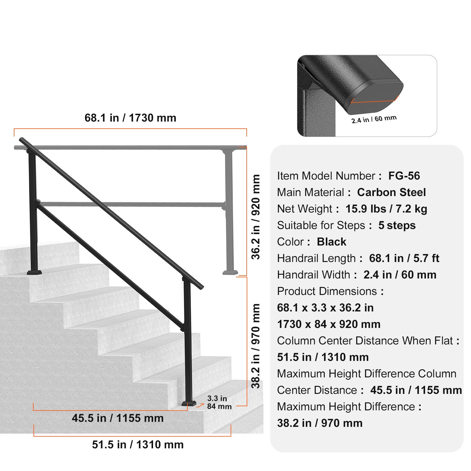 5-6 Handrails for Outdoor for Seniors Porch Deck Black Square Tube Steel