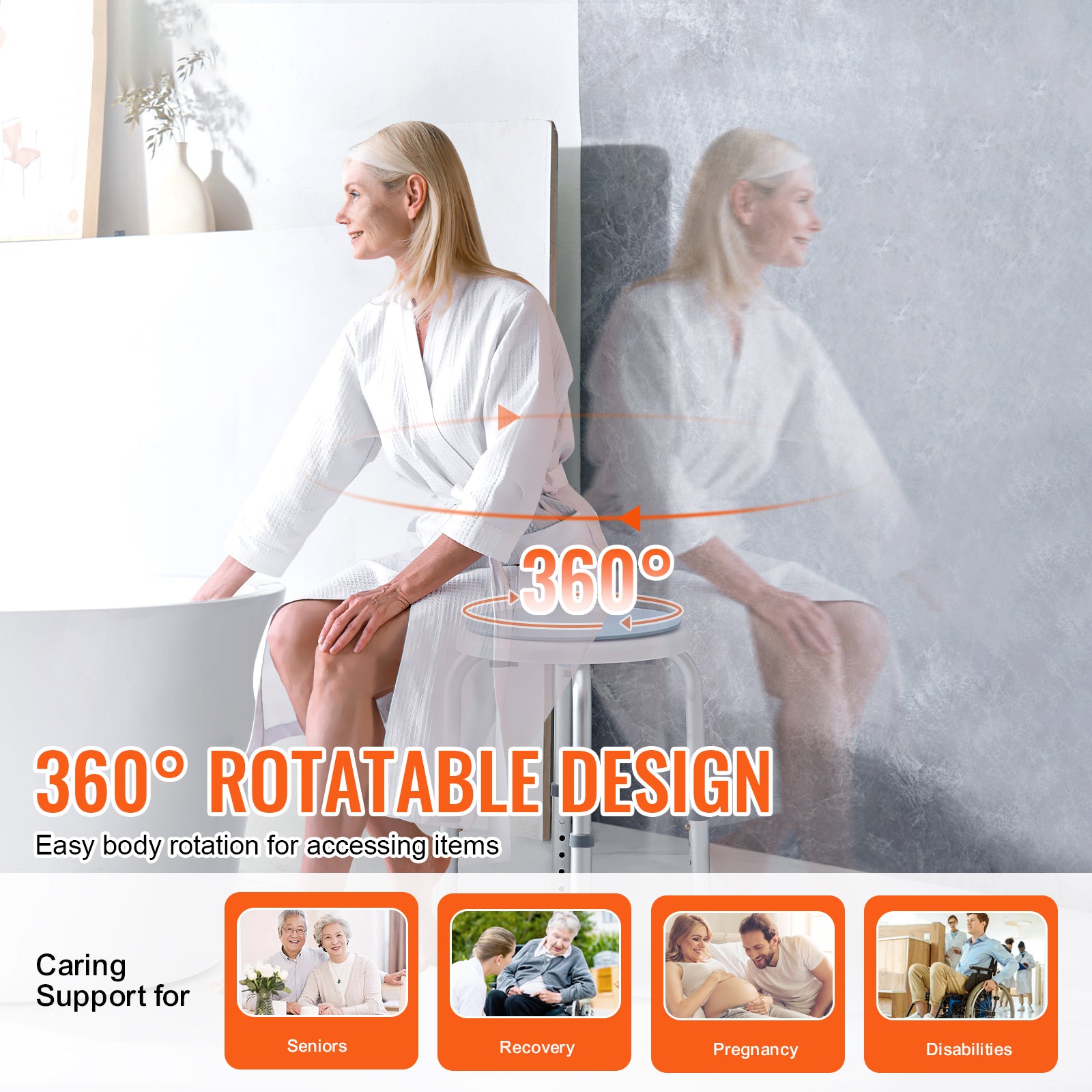 Shower Chair for Inside Shower, 360 Degree Swivel Shower Seat, Adjustable Height Shower Stool, Non-Slip Bench Bathtub Seat Stool for Elderly Disabled Adults Handicap, 300 lbs Capacity