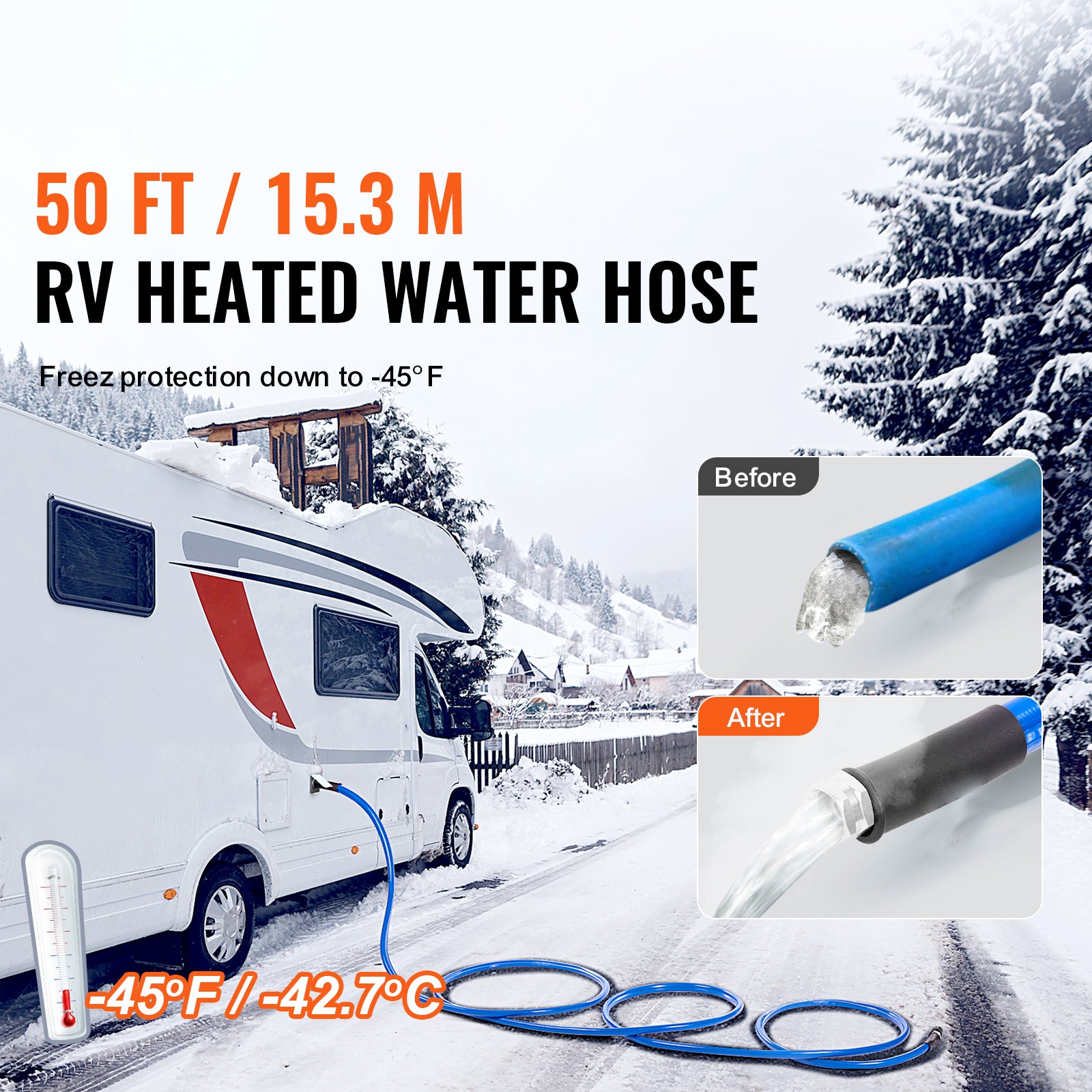 50ft Heated Water Hose for RV, Heated Drinking Water Hose Antifreeze to -45°F, Automatic Self-regulating, 5/8" I.D. with 3/4" GHT Adapter, Lead and BPA Free
