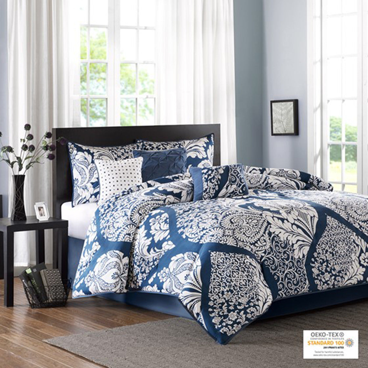 7 Piece Cotton Printed Comforter Set Indigo Queen