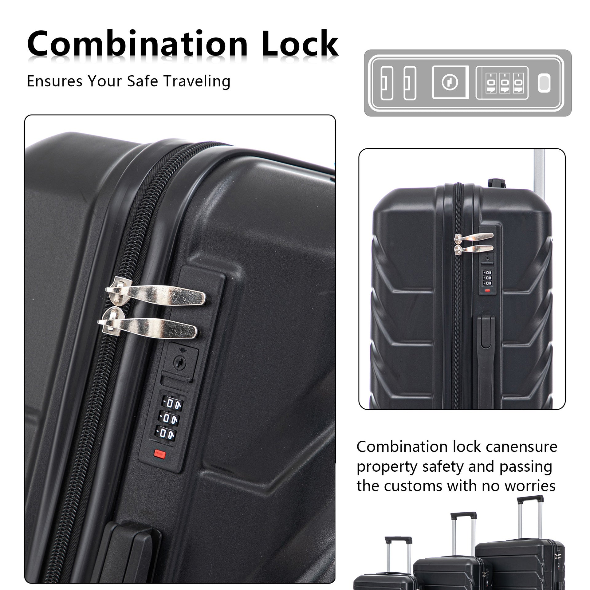 HIFINE TOURIST 20"/24"/28" 3 pcs/set in ABS Spinner Wheel Luggage, Matching Color , With Combination Lock (Black)